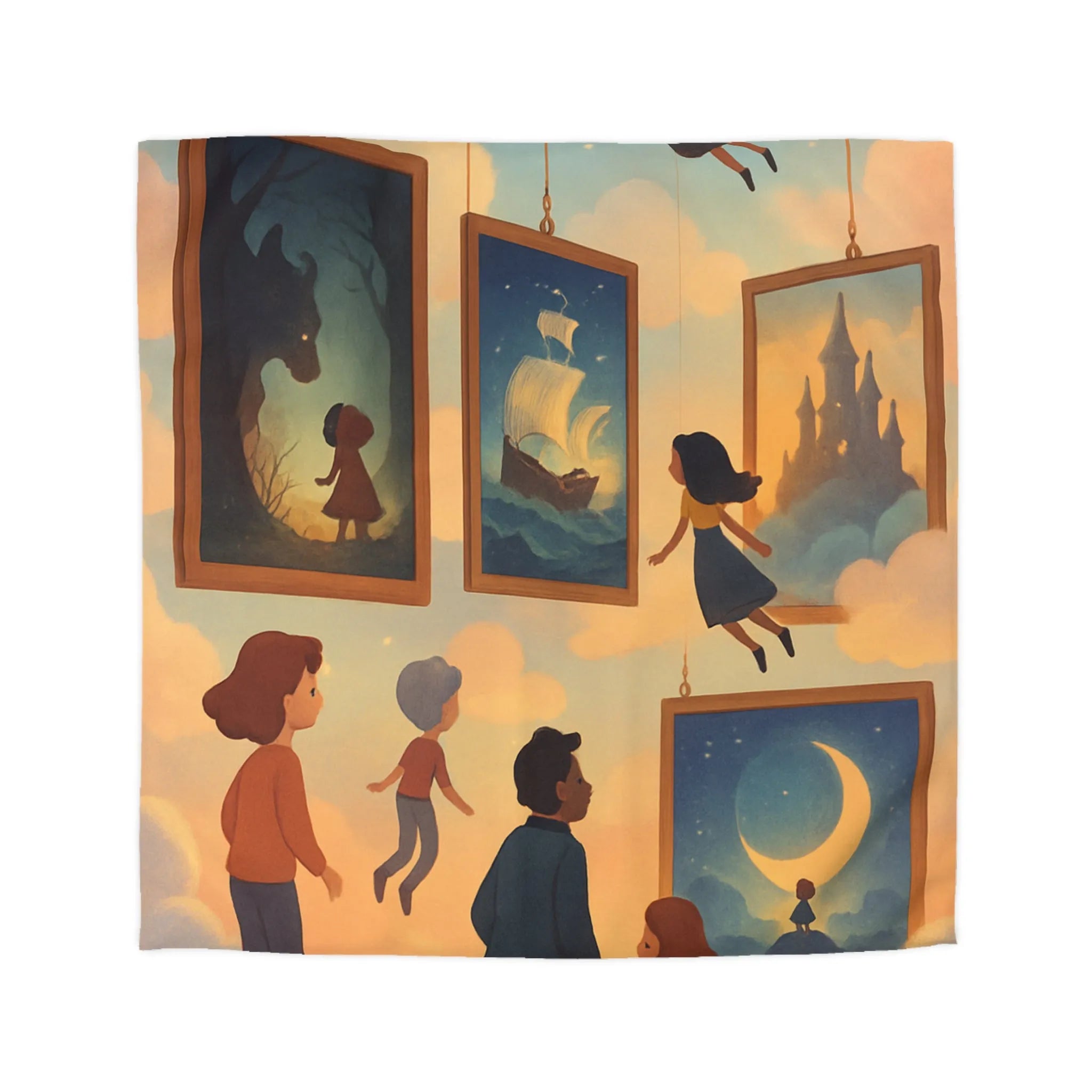 Housse de couette avec enfants volant parmi des tableaux de contes et de rêves