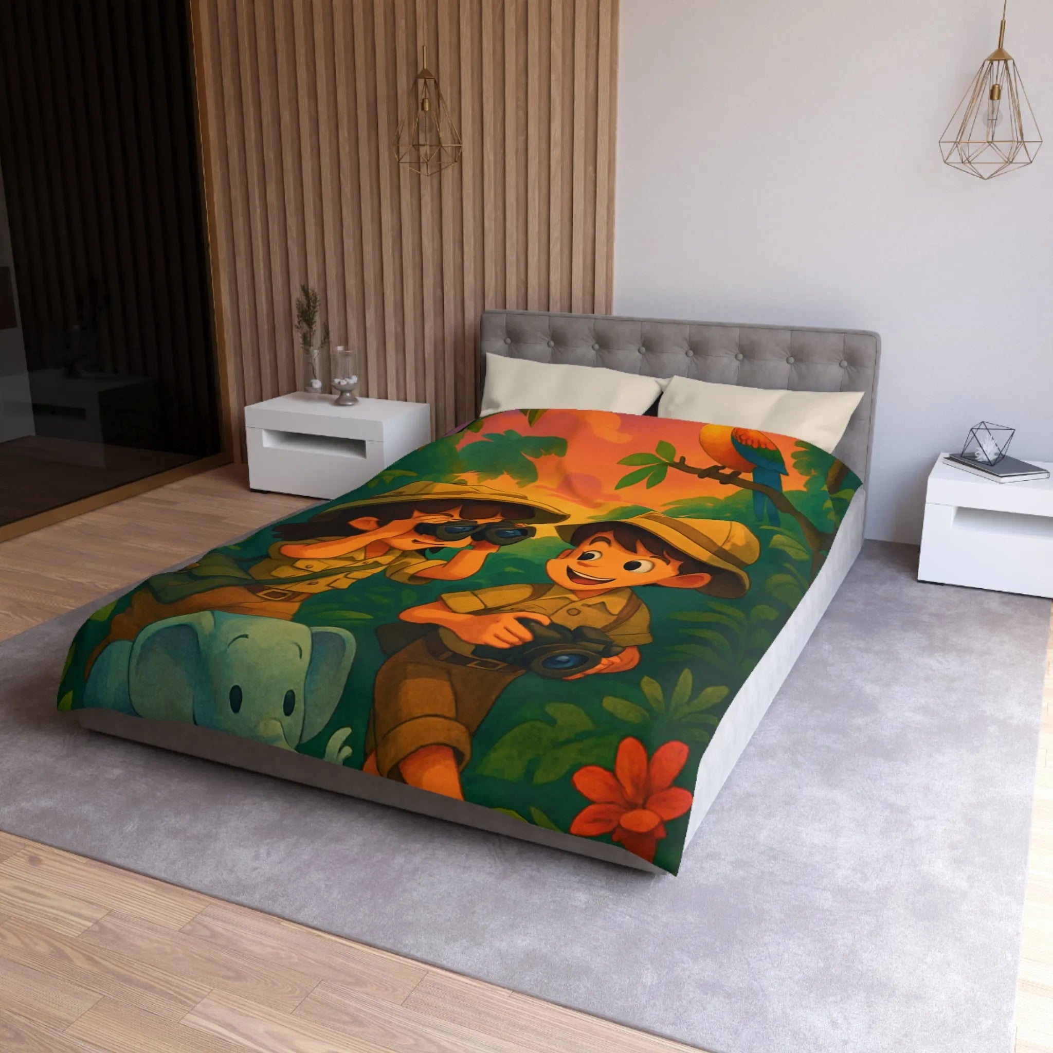 Housse de couette jungle colorée avec enfants explorateurs, perroquet et éléphant mignon