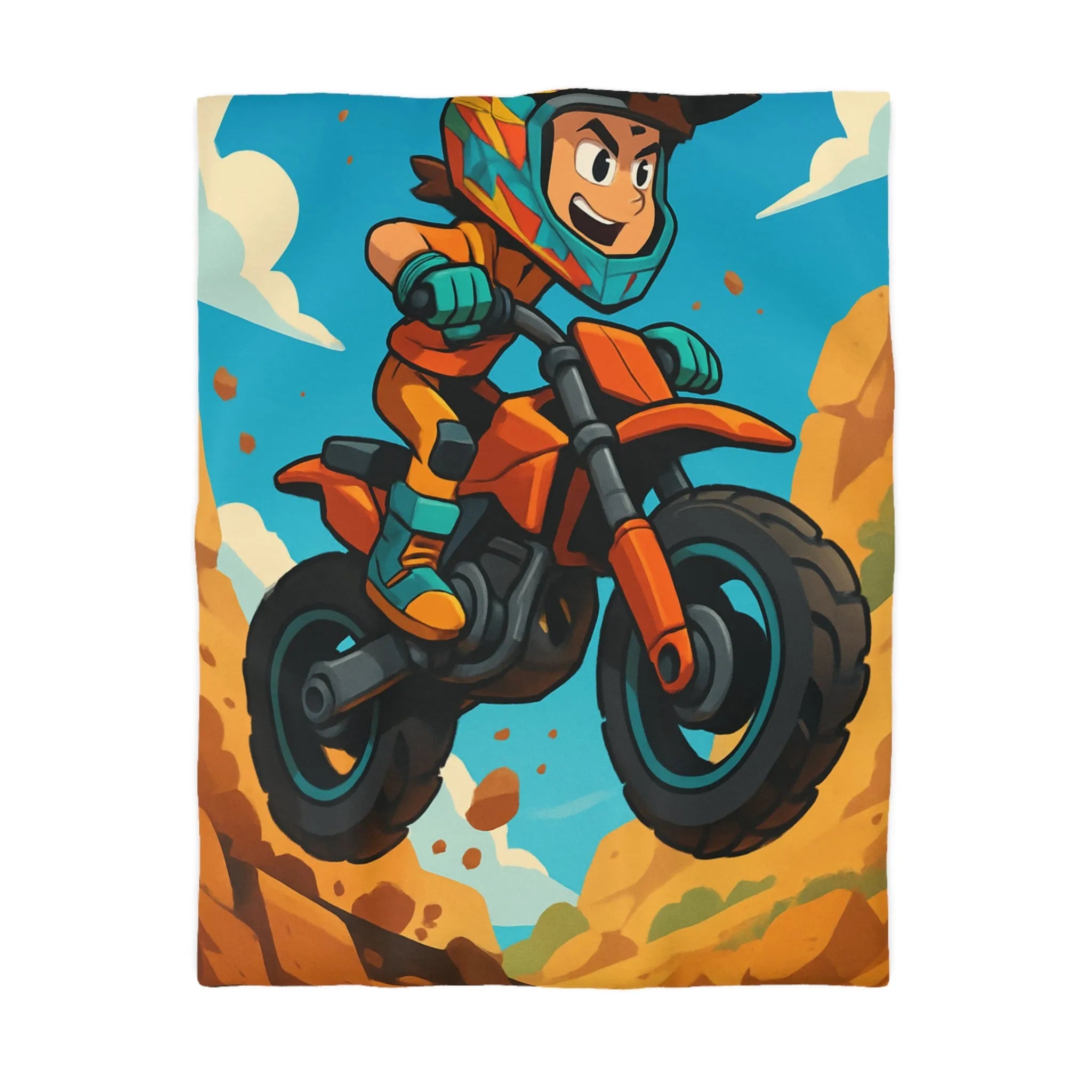 Housse de couette enfant motocross orange avec paysage montagneux et ciel bleu vif