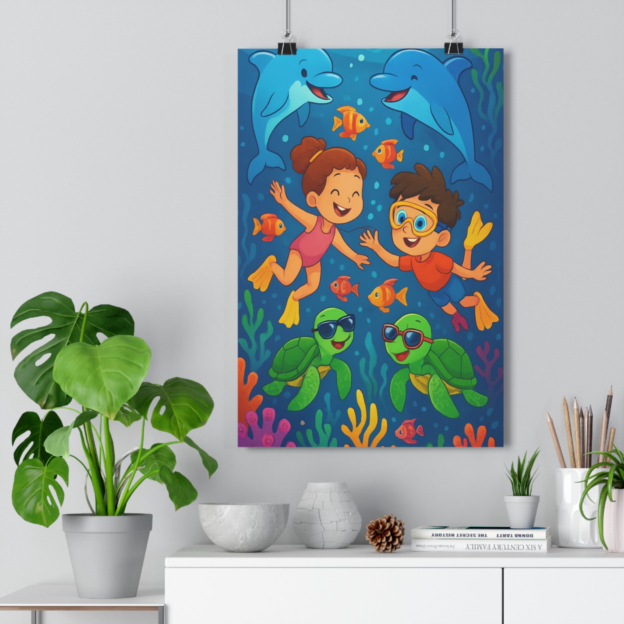 Poster décoratif cartoon enfant bleu vert joyeux chambre aventure féerique dauphins tortues poissons 30x46