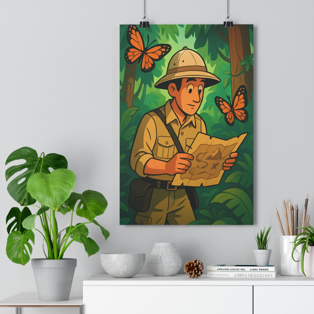 Poster décoratif rétro vert orange aventure jungle explorateur carte papillons chambre bureau 30x46 élégant