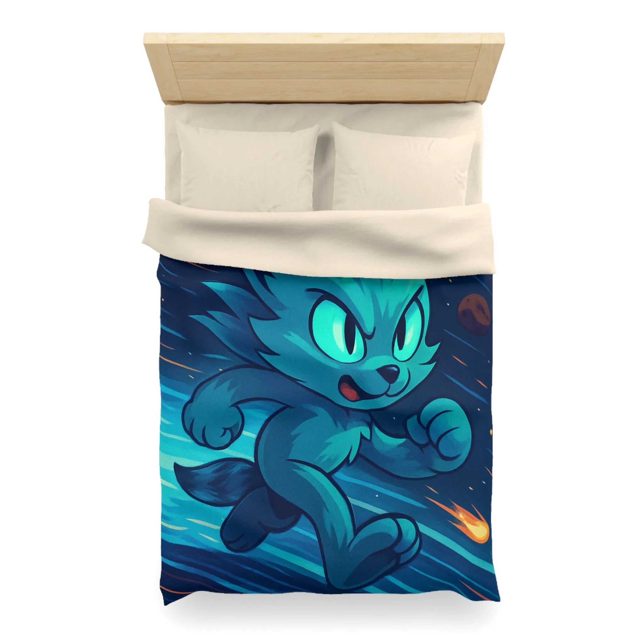 Housse de couette enfant abyss style spatial avec chat bleu comète et planète violette