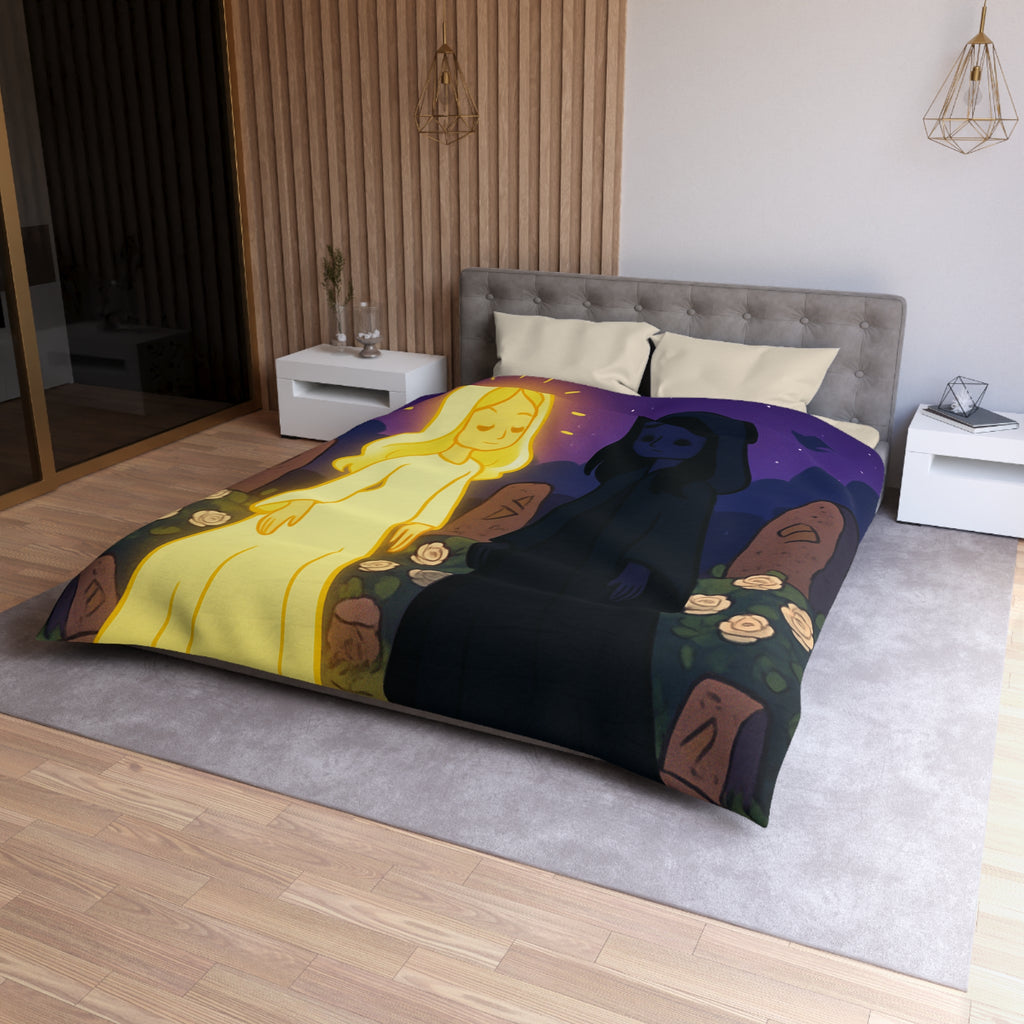 Housse de couette réversible avec deux figures mystérieuses en contraste lumineux, nature étoilée