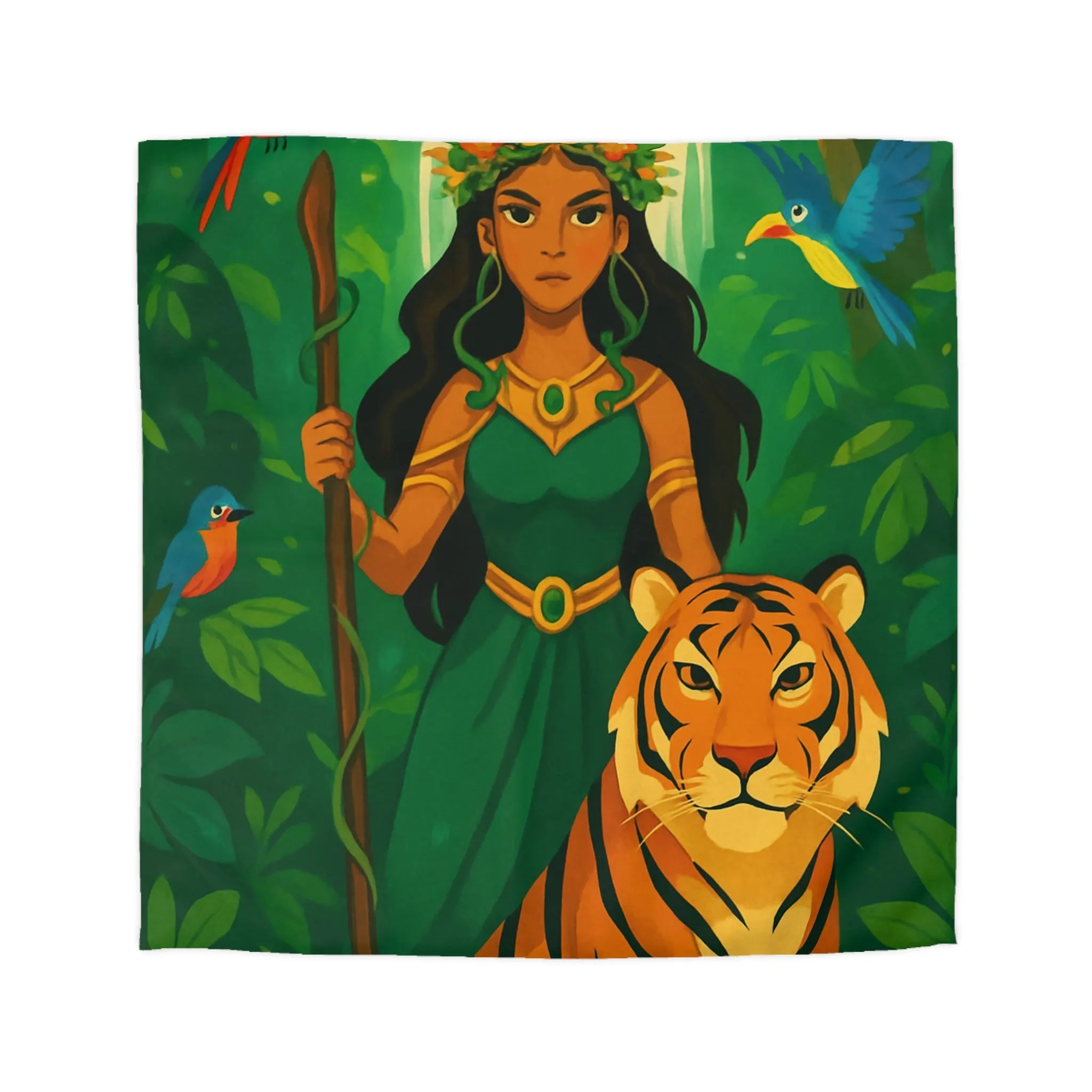 Housse de couette exotique avec tigre royal et gardienne mystique en forêt luxuriante