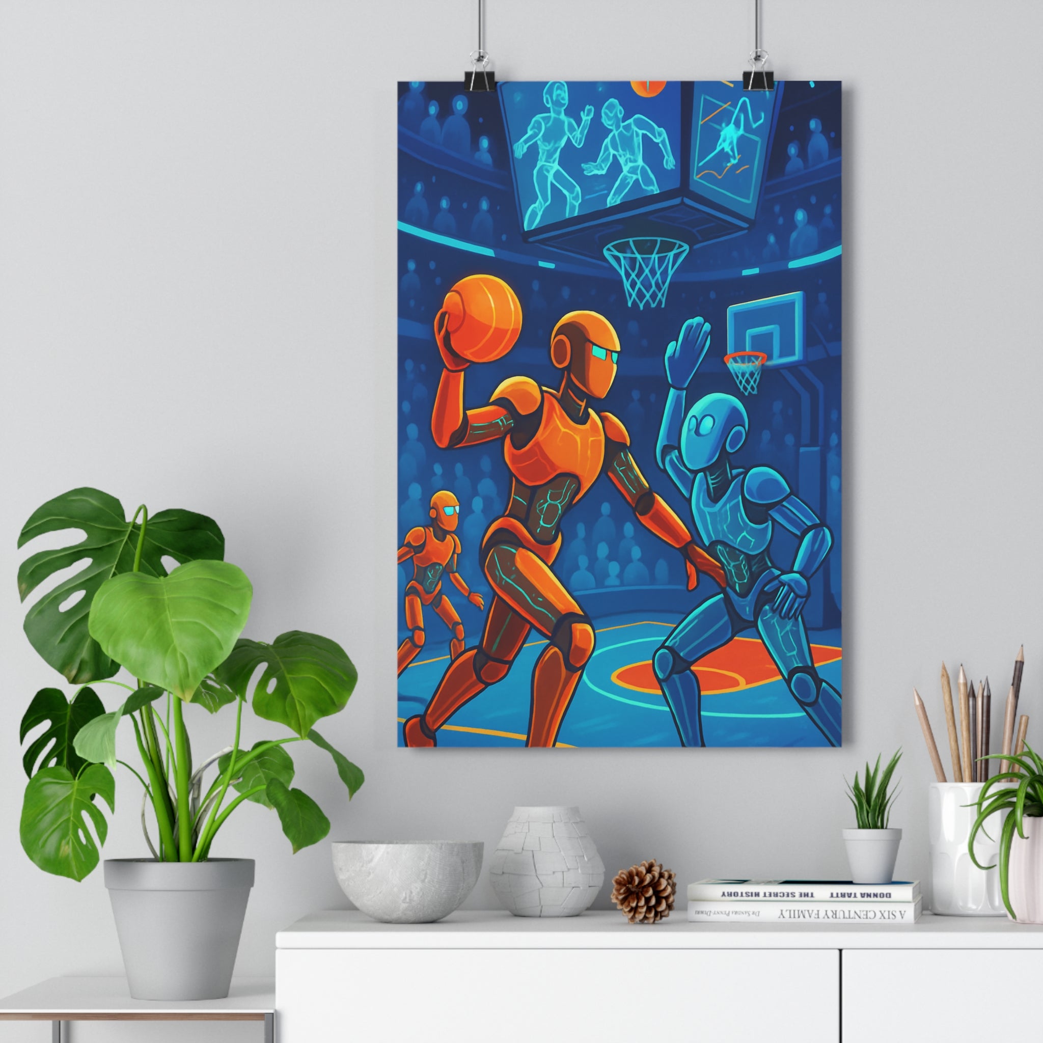 Poster décoratif futuriste basketball cyberpunk néon robotique action vibrant jeu moderne salon chambre qualité