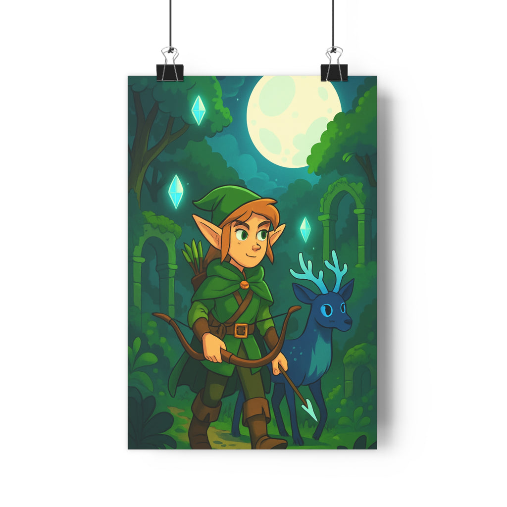 Poster décoratif féerique elfe forêt enchantée aventure mystique vert bleu salon bureau magique ambiance