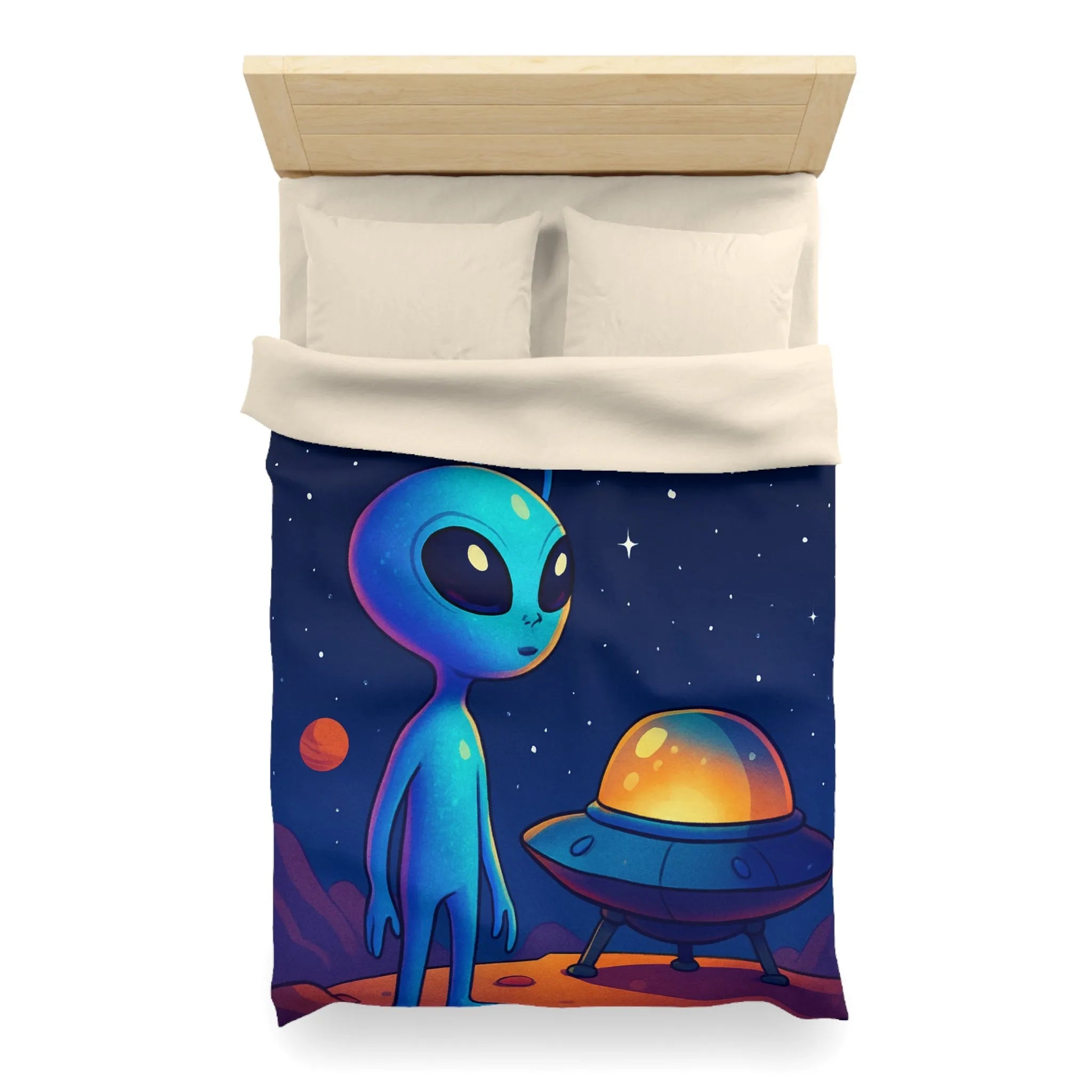 Housse de couette avec motif adorable de petit extraterrestre bleu et soucoupe volante