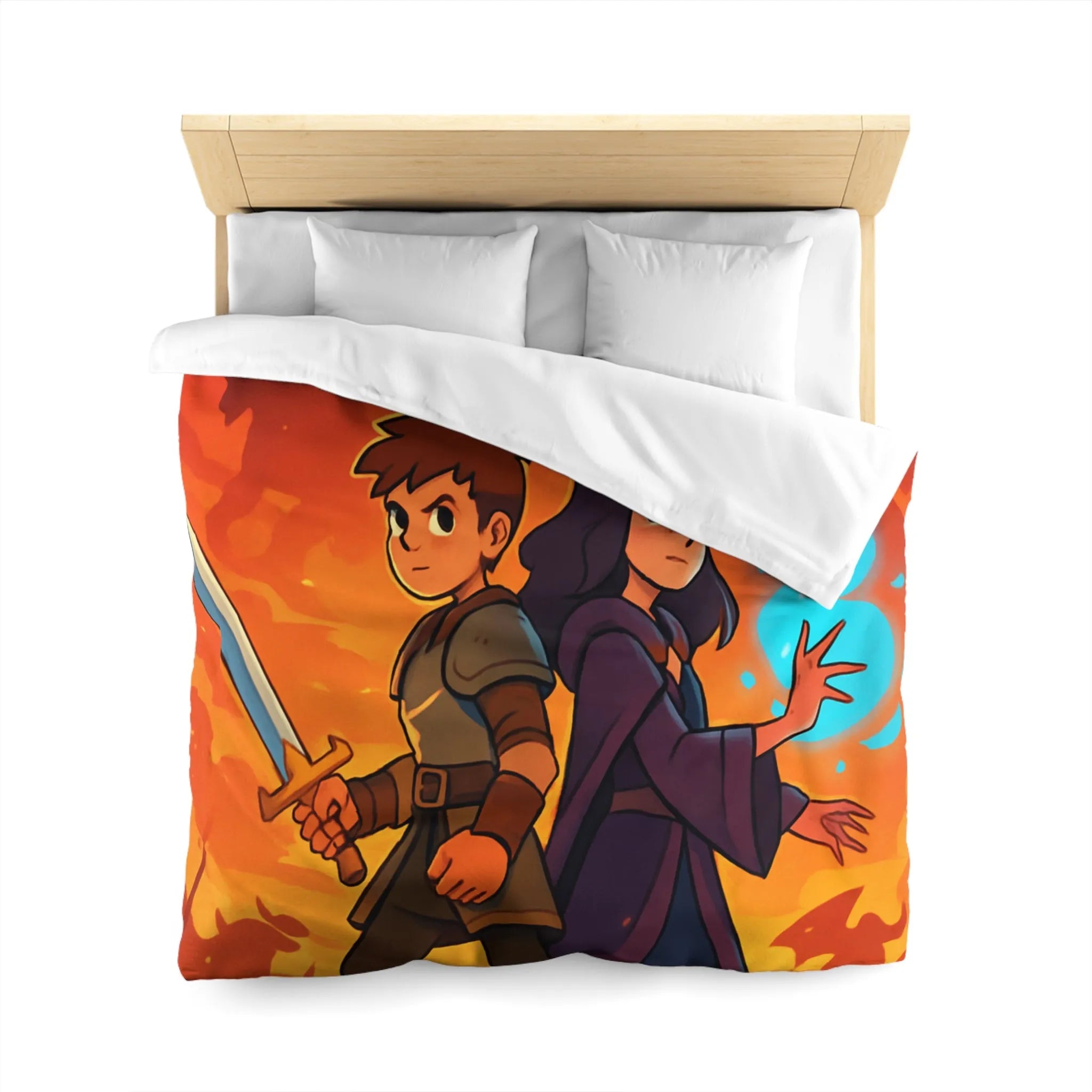 Housse de couette épique, jeunes aventuriers et dragons incandescents en fantaisie captivante