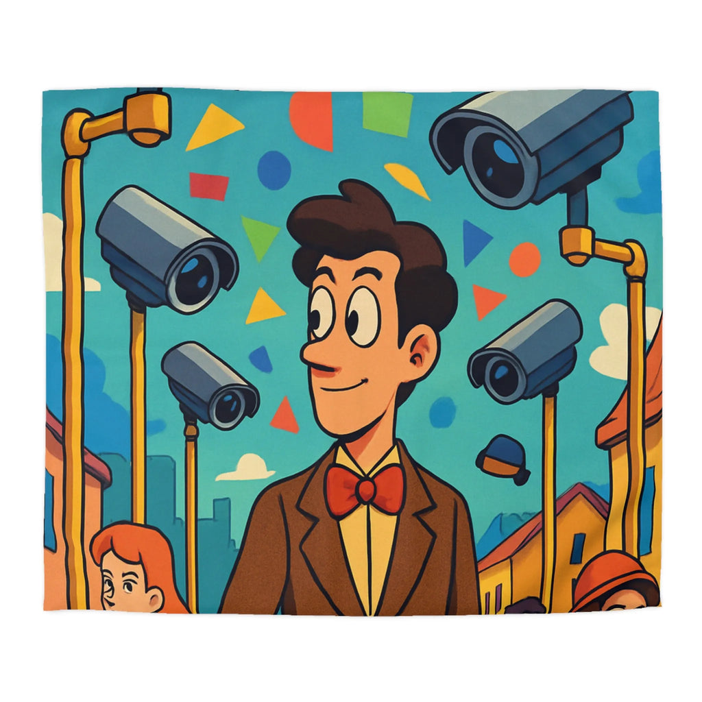 Housse de couette colorée avec motifs géométriques et personnages sous caméras de surveillance