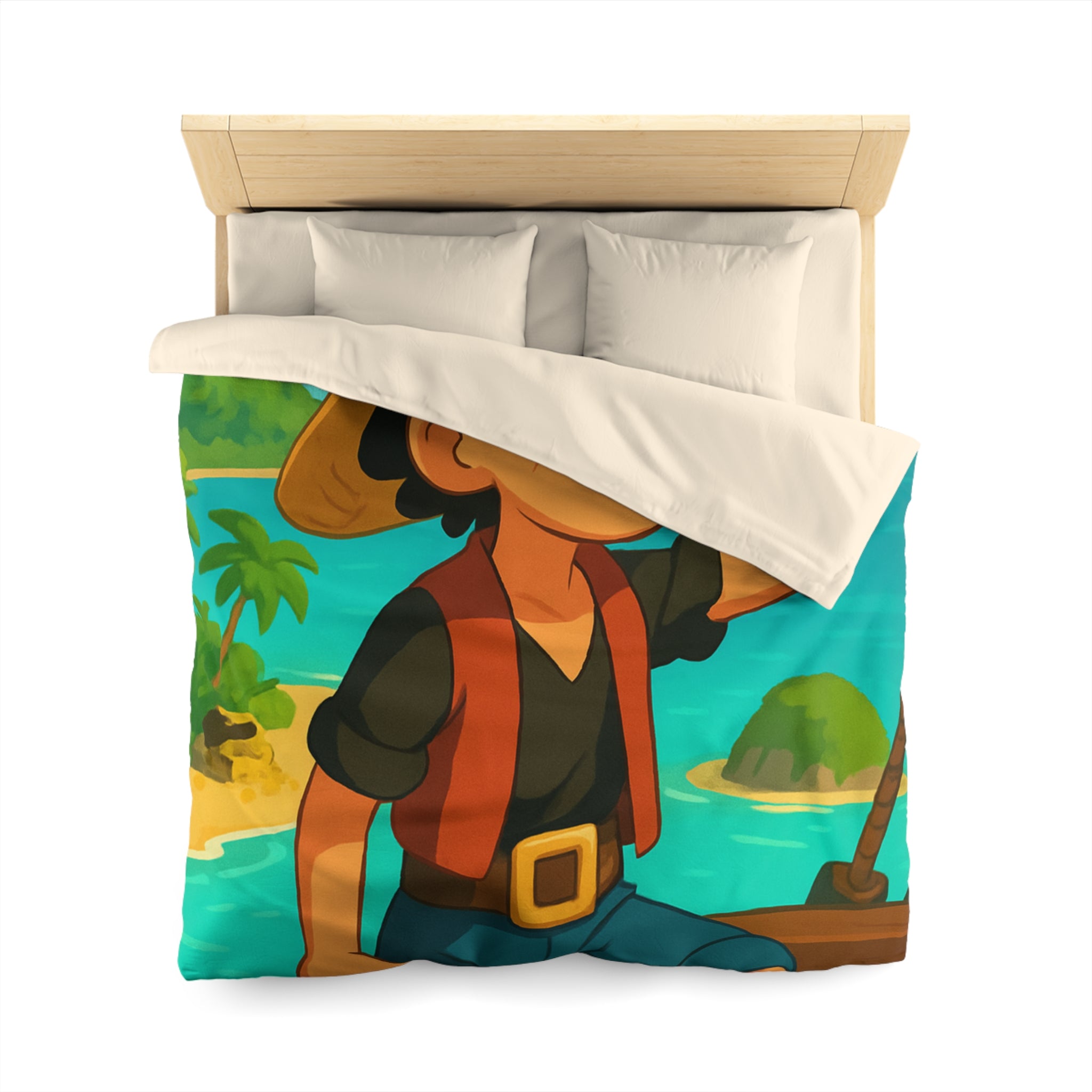 Housse de couette tropicale enfant avec pirate aventurier sur fond d'île paradisiaque