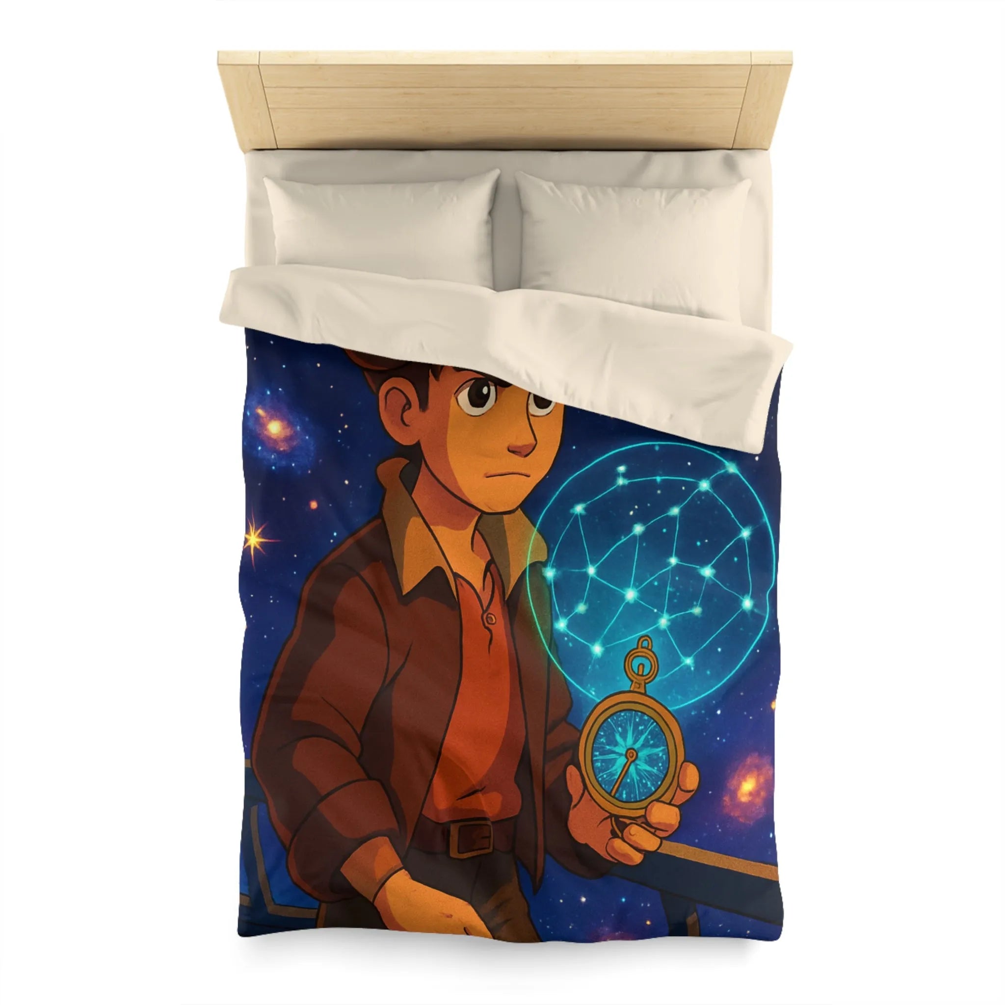 Housse de Couette Enfant Univers Galactique Garçon et Boussole Vintage Motif Étoilé