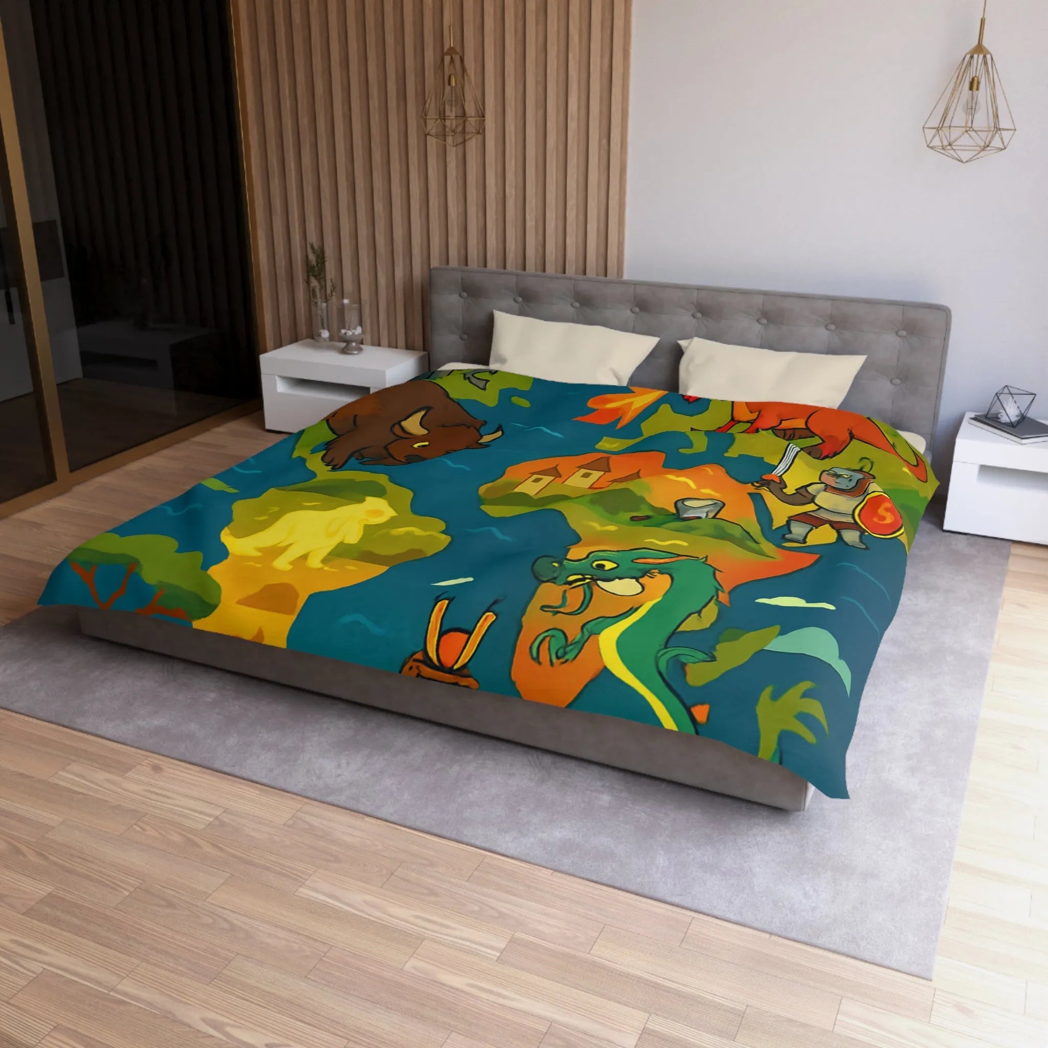 Housse de couette épique avec dragons, samouraïs et créatures légendaires au style coloré.