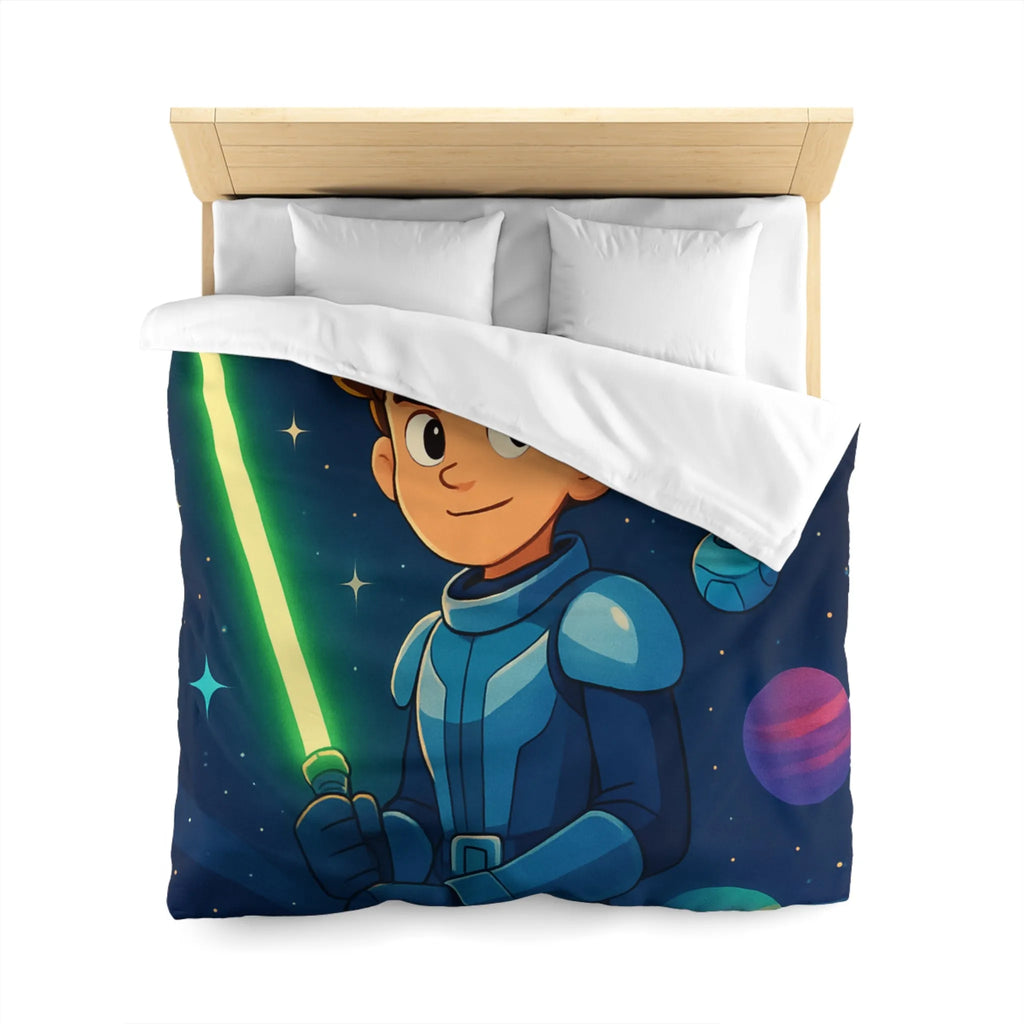 Housse de couette galactique avec enfant et robot, étoiles scintillantes et planètes colorées