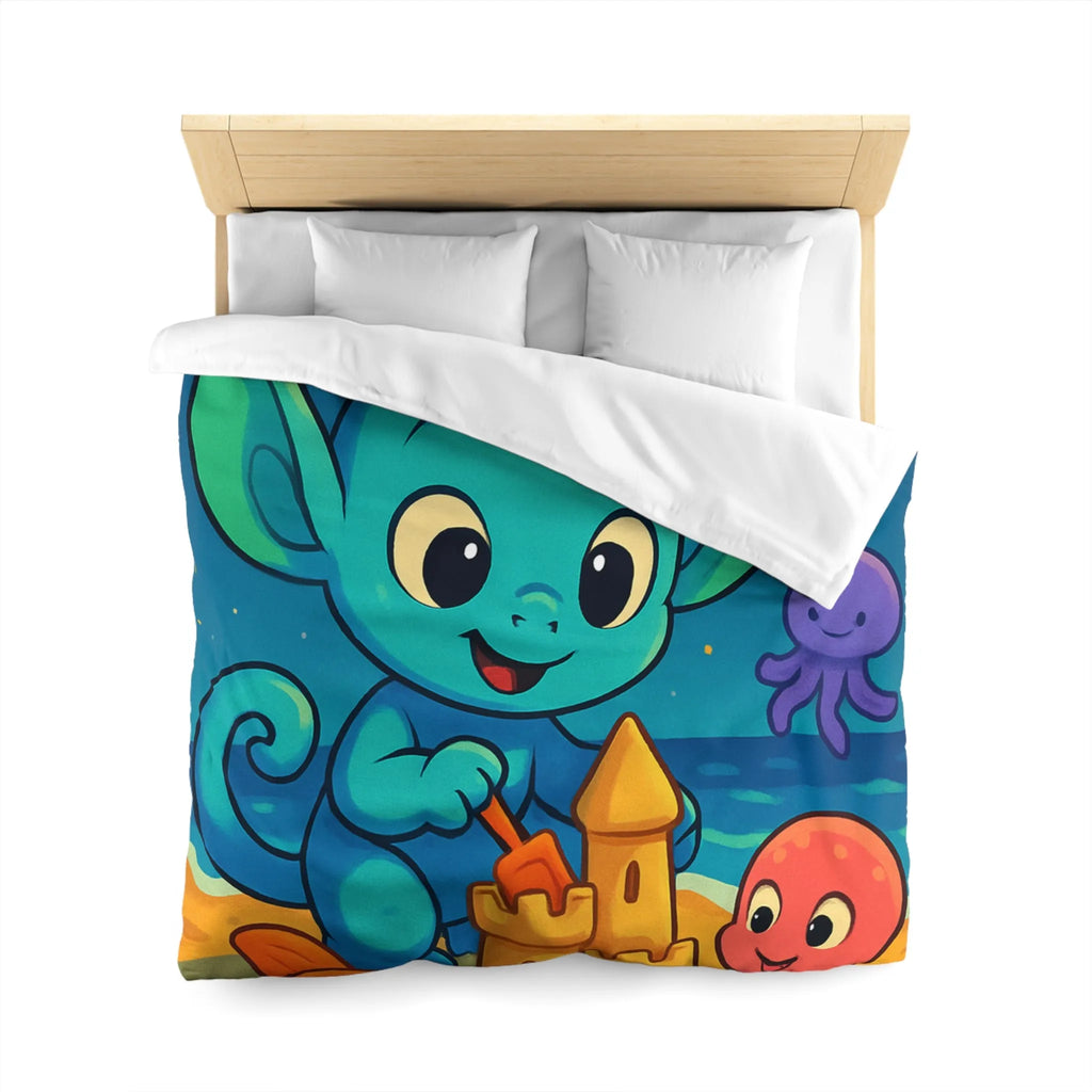 Housse de couette enfant avec créature bleue construisant un château de sable amusant