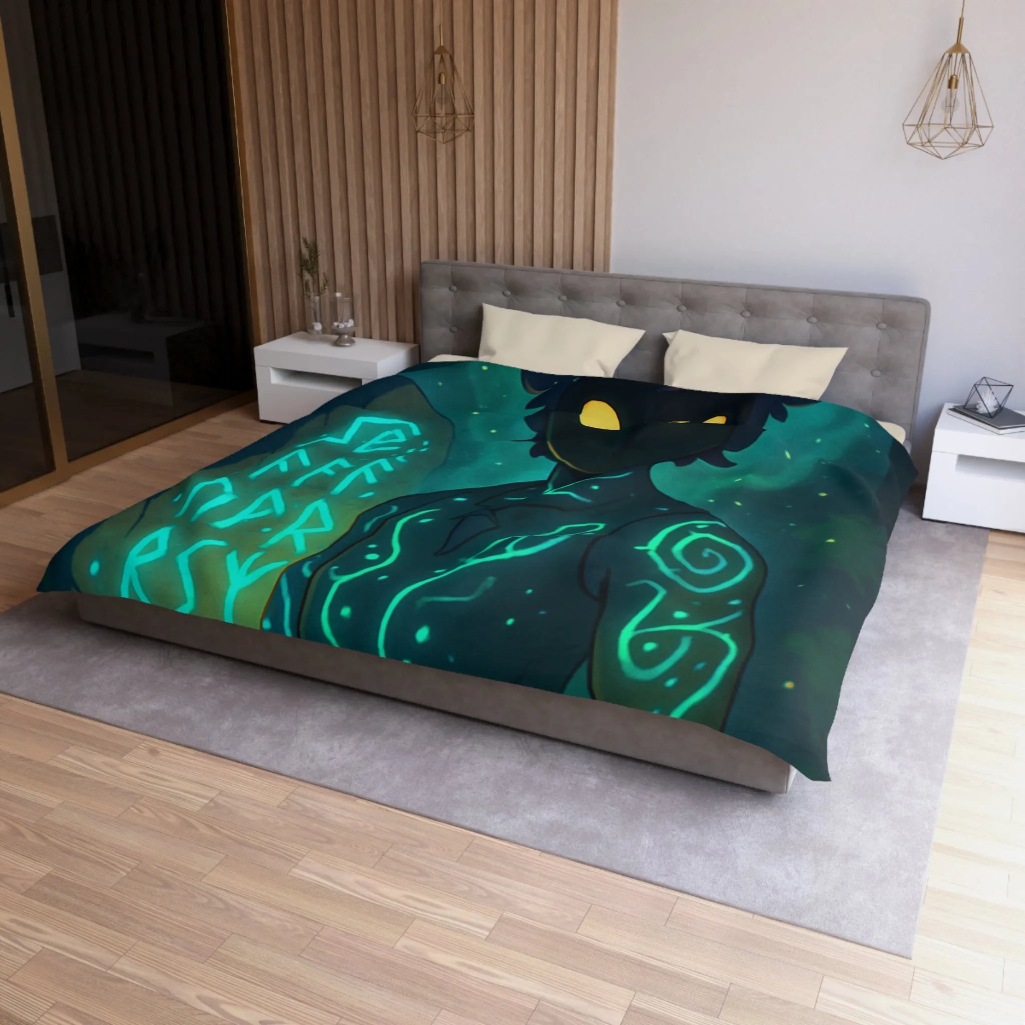 Housse de couette enchantée avec personnage masqué et runes dans une forêt mystique