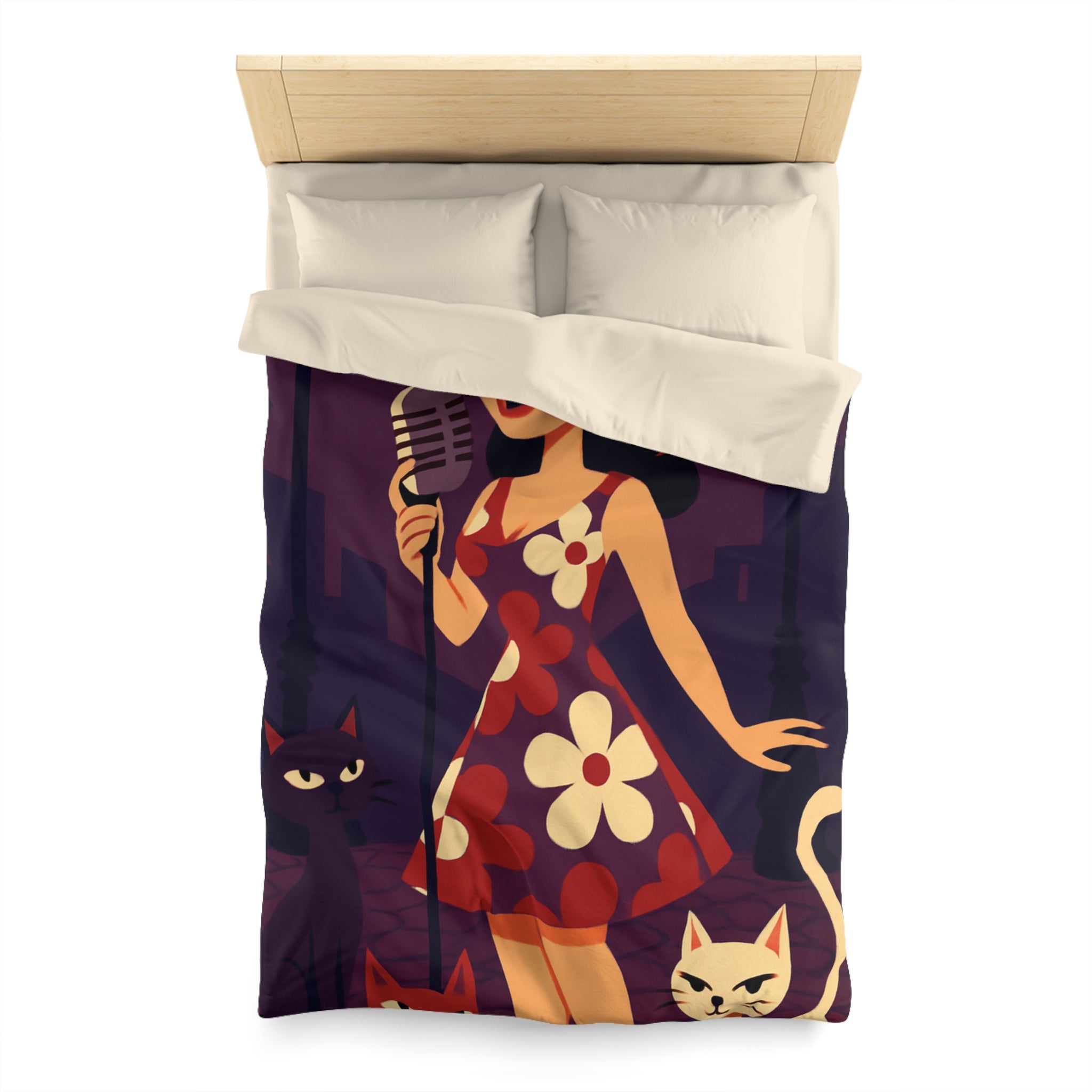 Housse de Couette Vintage avec Chanteuse Rétro et Chats sous Réverbères Nocturnes