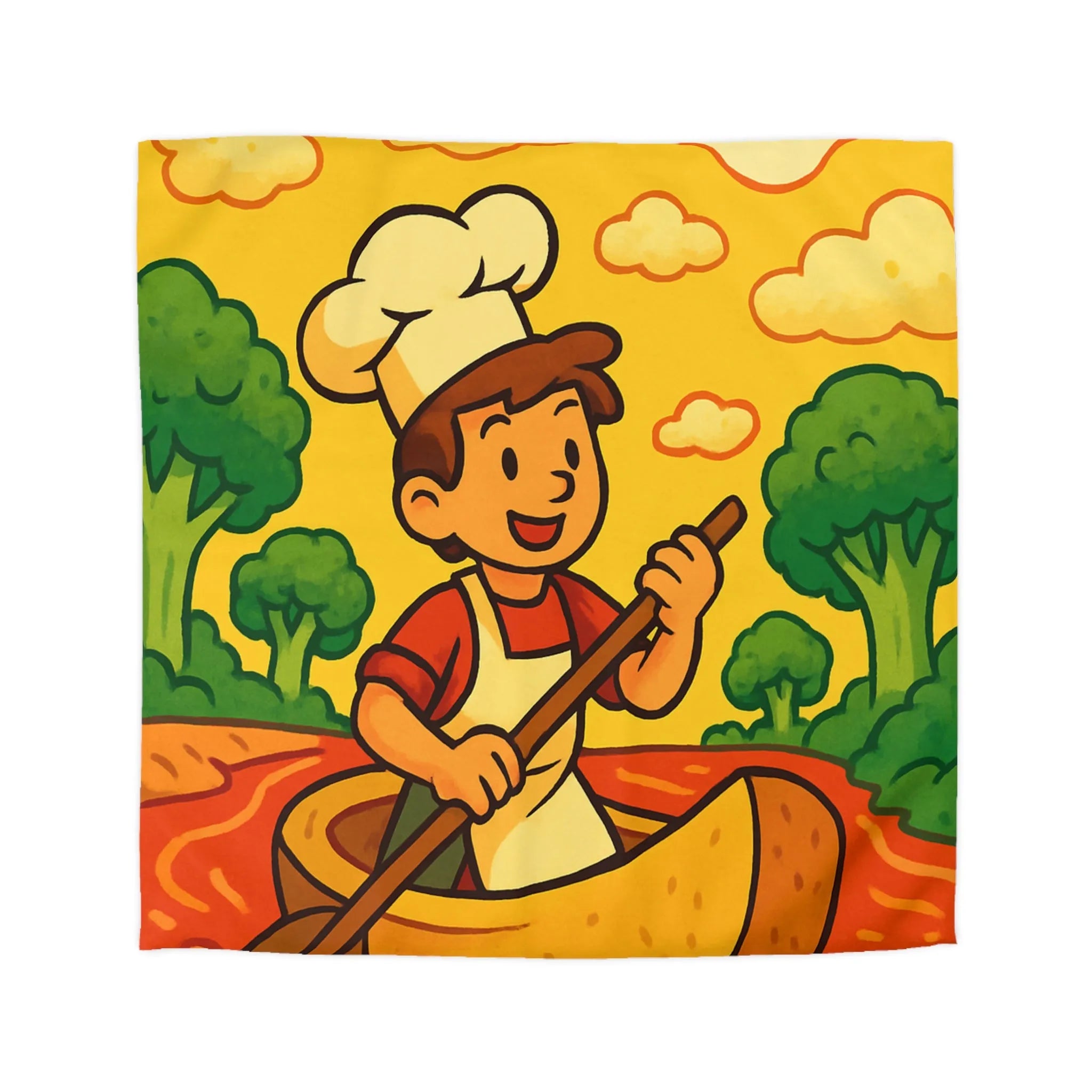 Housse de Couette Chef Enfant Naviguant en Barque sur Rivière Orange Ludique et Colorée