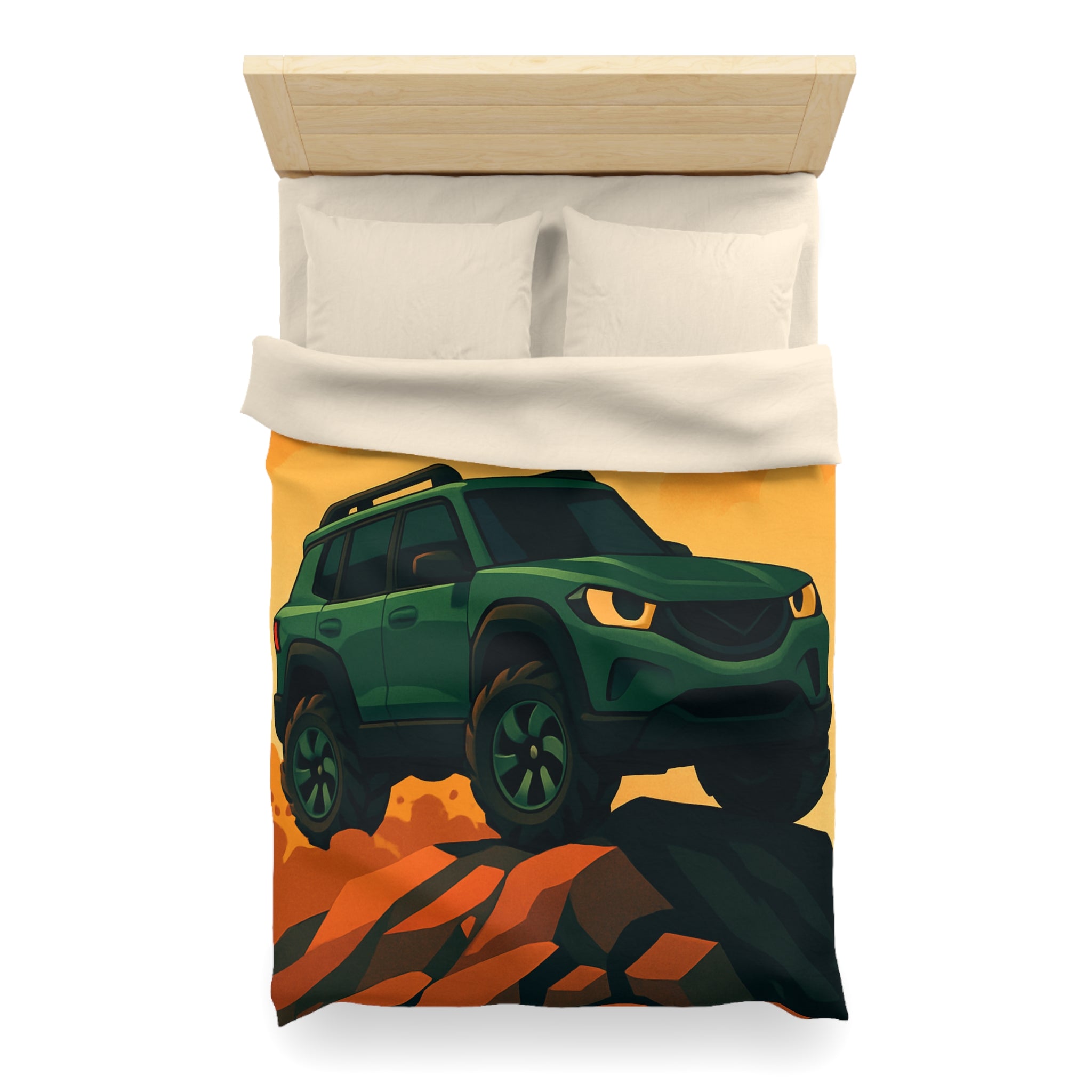 Housse de couette SUV vert, illustrée, ambiance aventure, nuages orange, montagne rocailleuse