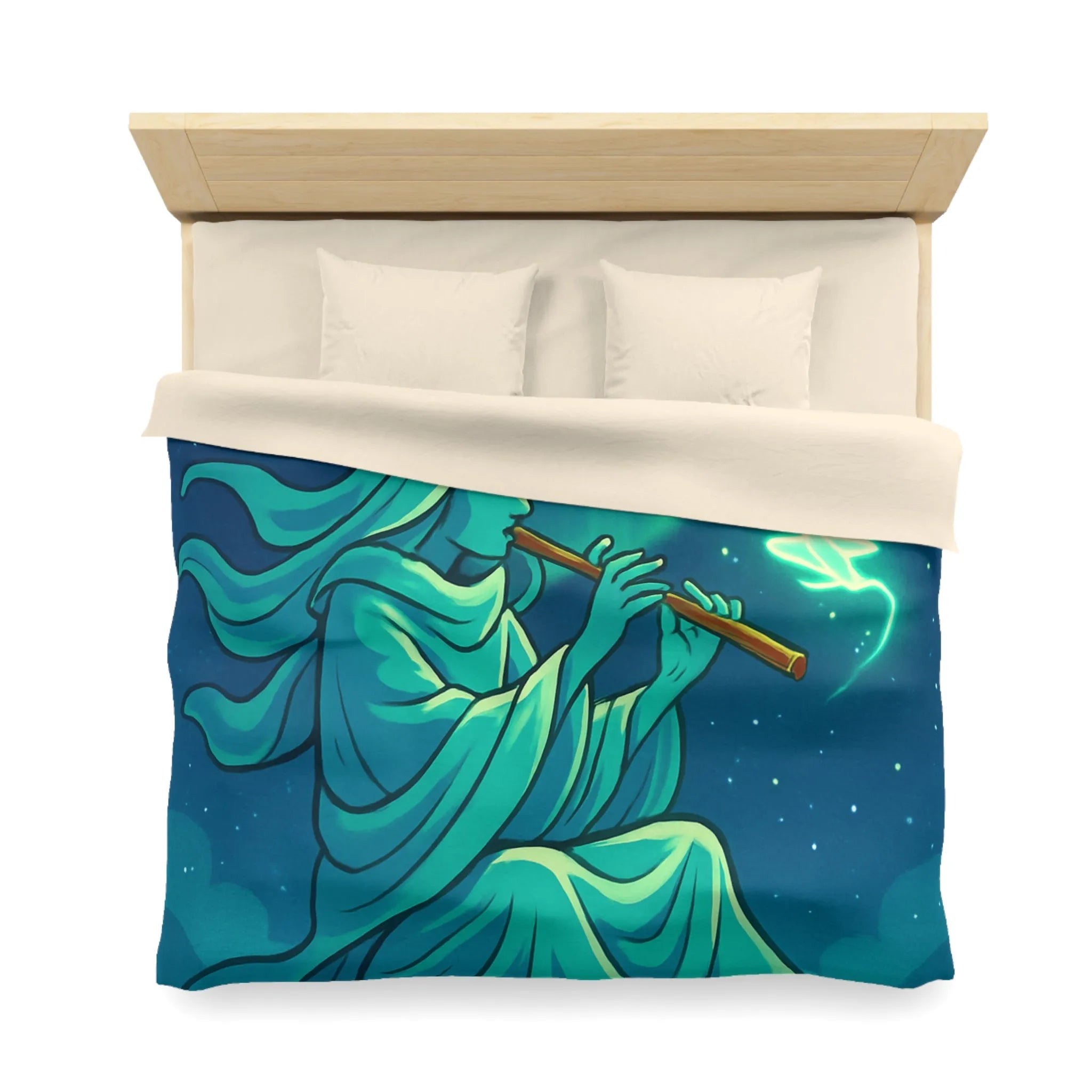 Housse de couette magique avec joueur de flûte créant des formes lumineuses célestes