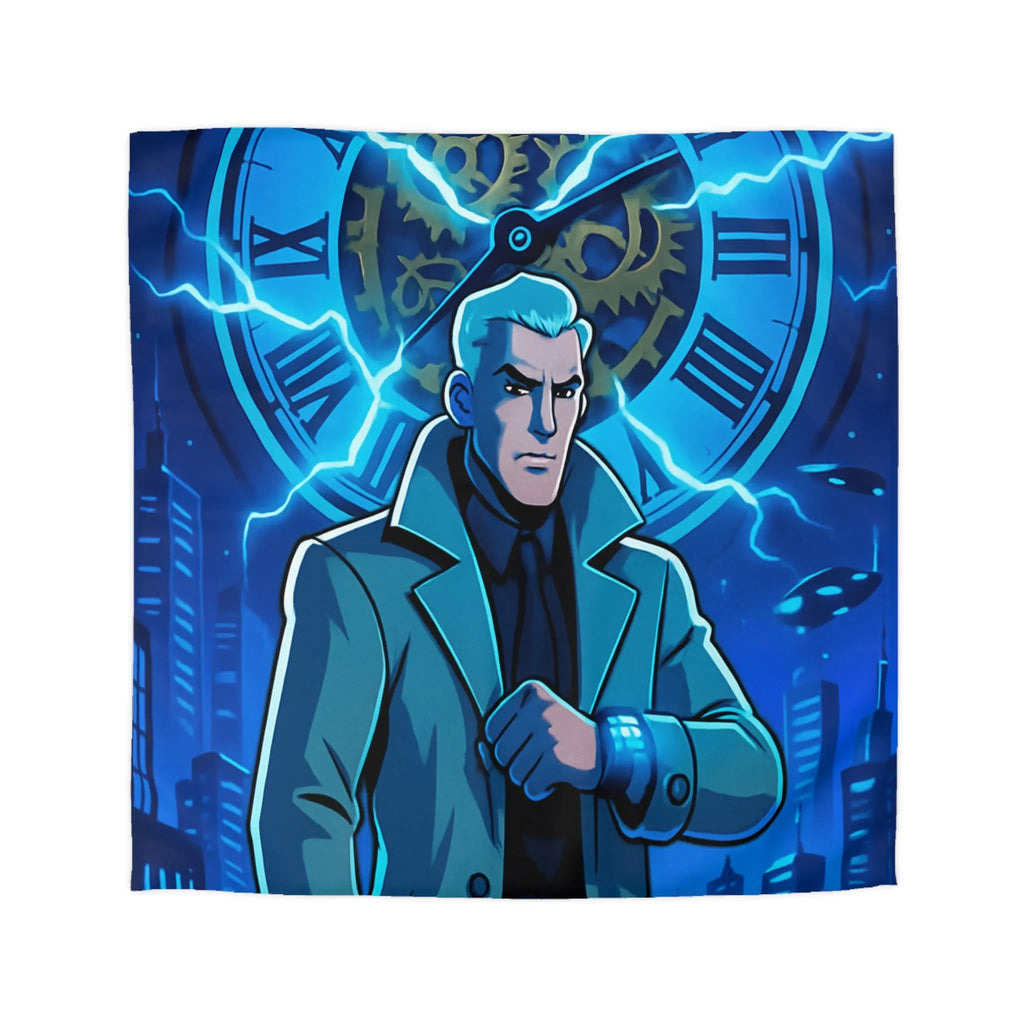 Housse de Couette Inspiration Futuriste avec Horloge Éclair et Personnage Mystérieux en Manteau