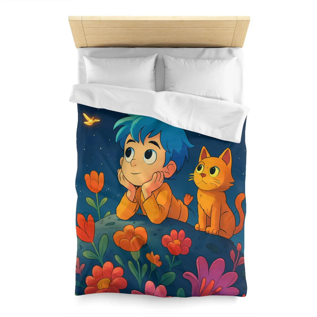 Housse de Couette Enfant Émerveillé Observant Papillons Lumineux sous Ciel Étoilé