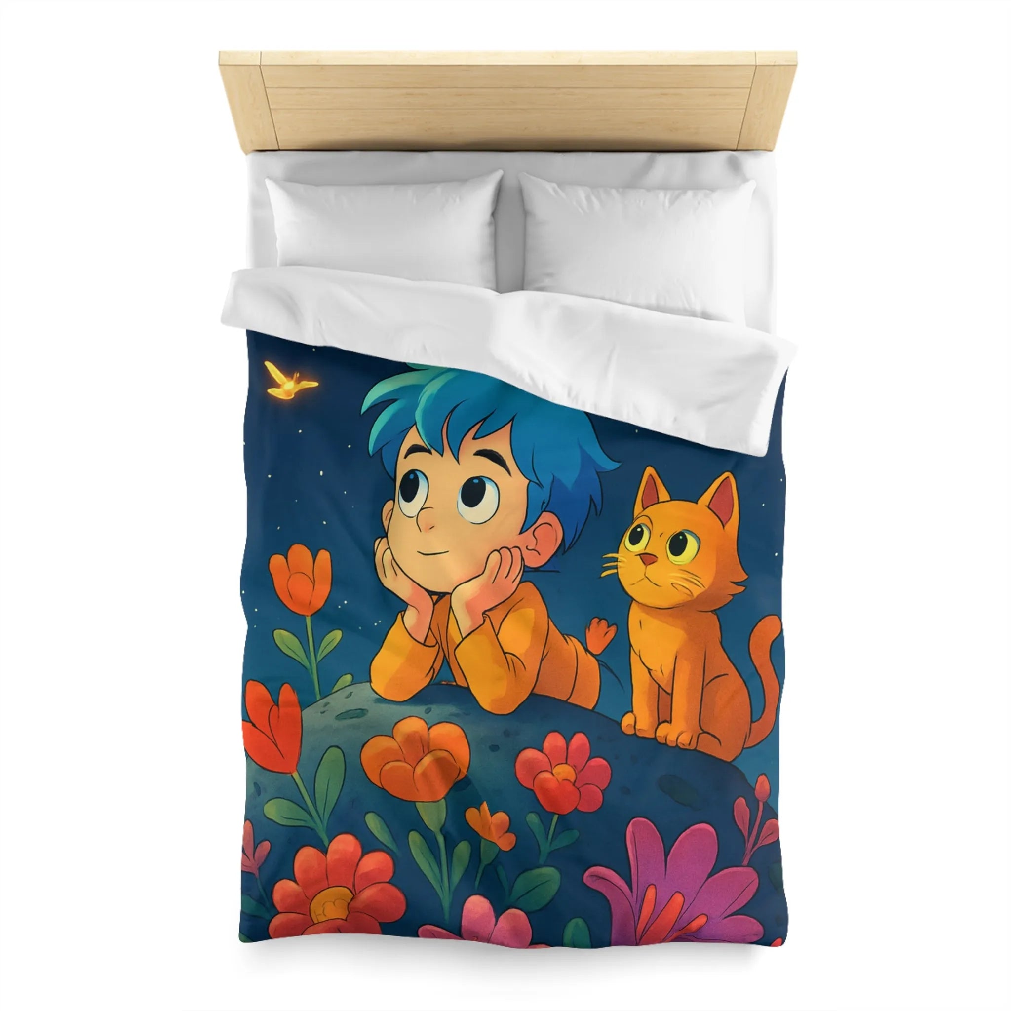 Housse de Couette Enfant Émerveillé Observant Papillons Lumineux sous Ciel Étoilé