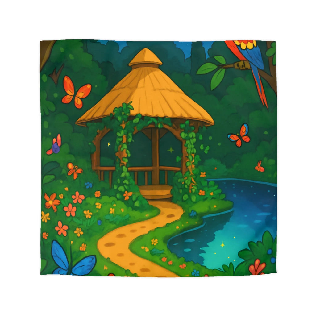 Housse de Couette Illustrée, Forêt Tropicale Nocturne avec Oiseaux et Papillons Colorés