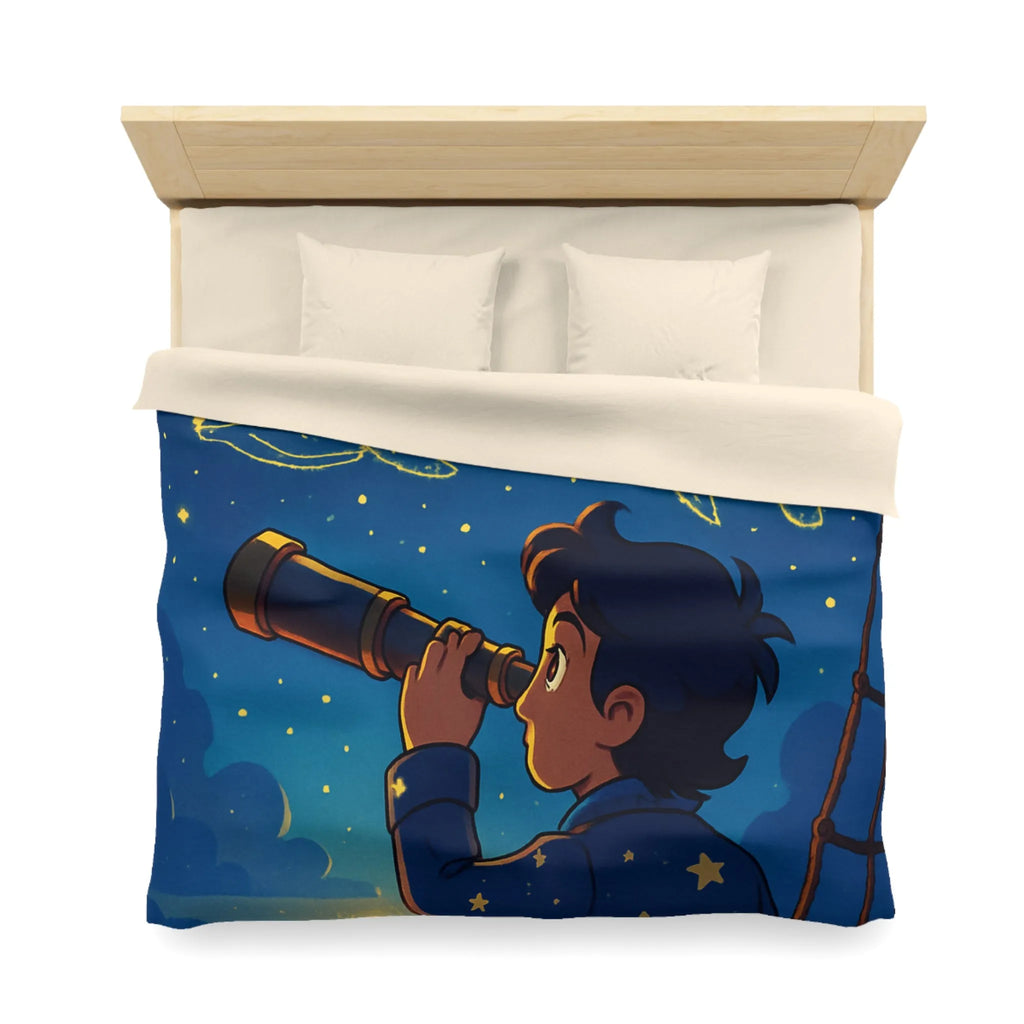 Housse de Couette Étoilée Enfant Rêveur Observant Constellations Célestes Bleu Nuit