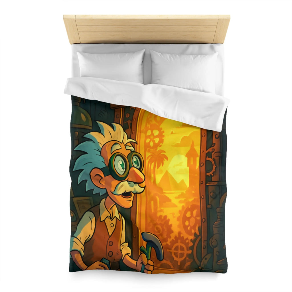 Housse de couette avec professeur inventeur et porte mystérieuse aux teintes orangées