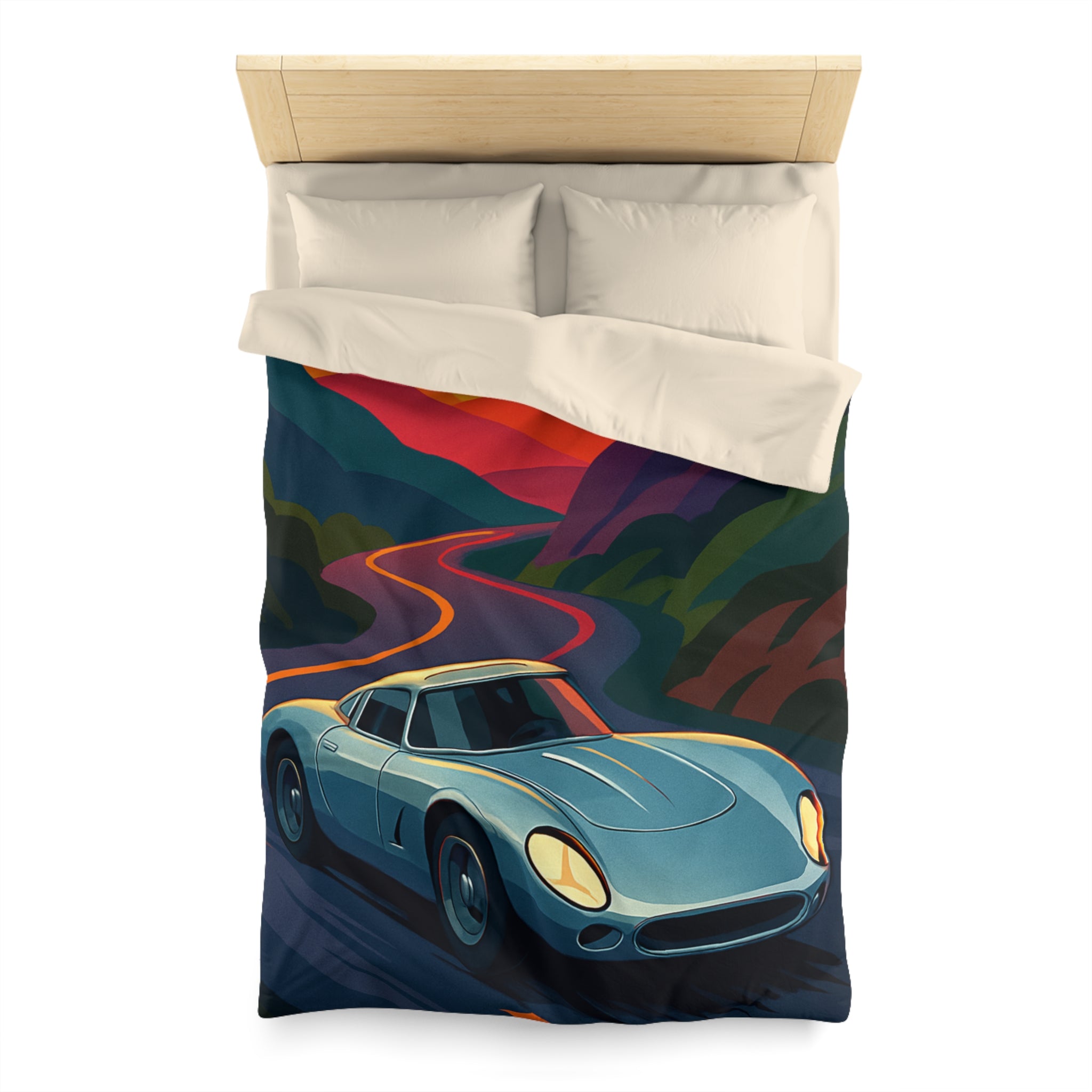 Housse de couette voiture sportive vintage sur route sinueuse au coucher de soleil vibrant