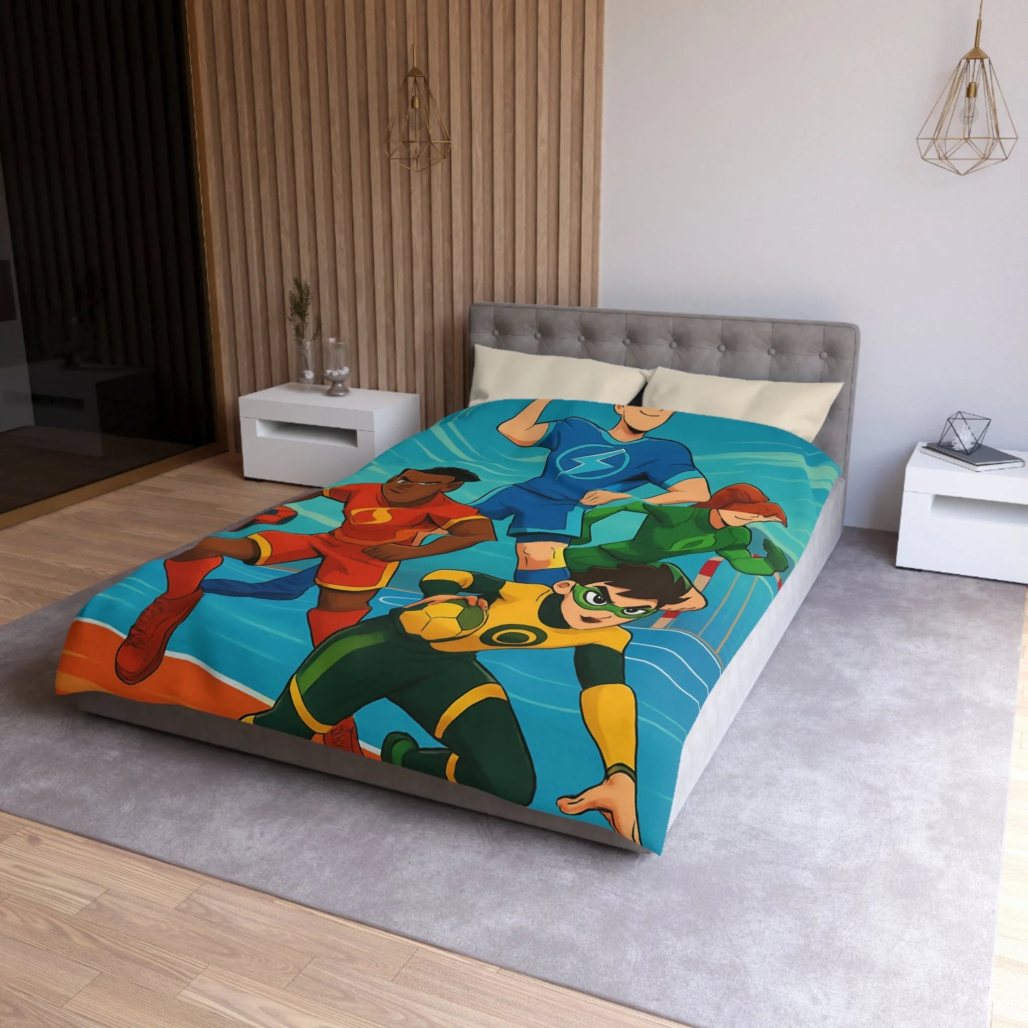 Housse de couette colorée super-héros, style bande dessinée sports, enfants aventure dynamique