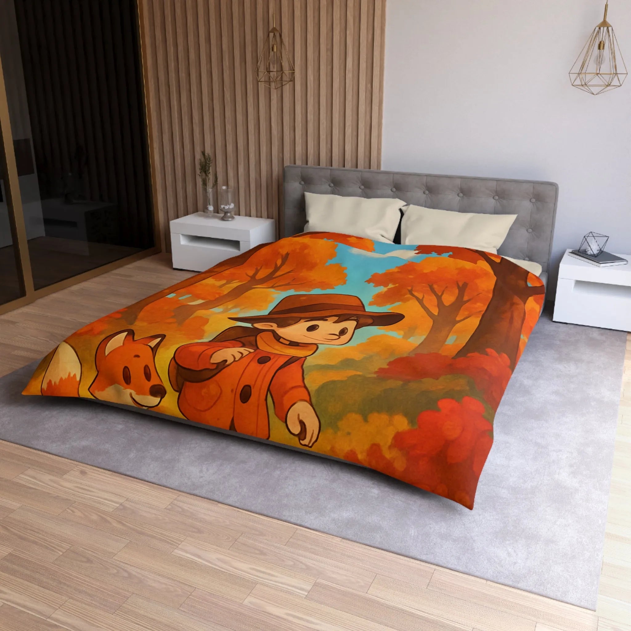 Housse de couette enfant colorée aux tons automnaux avec un renard et un garçon