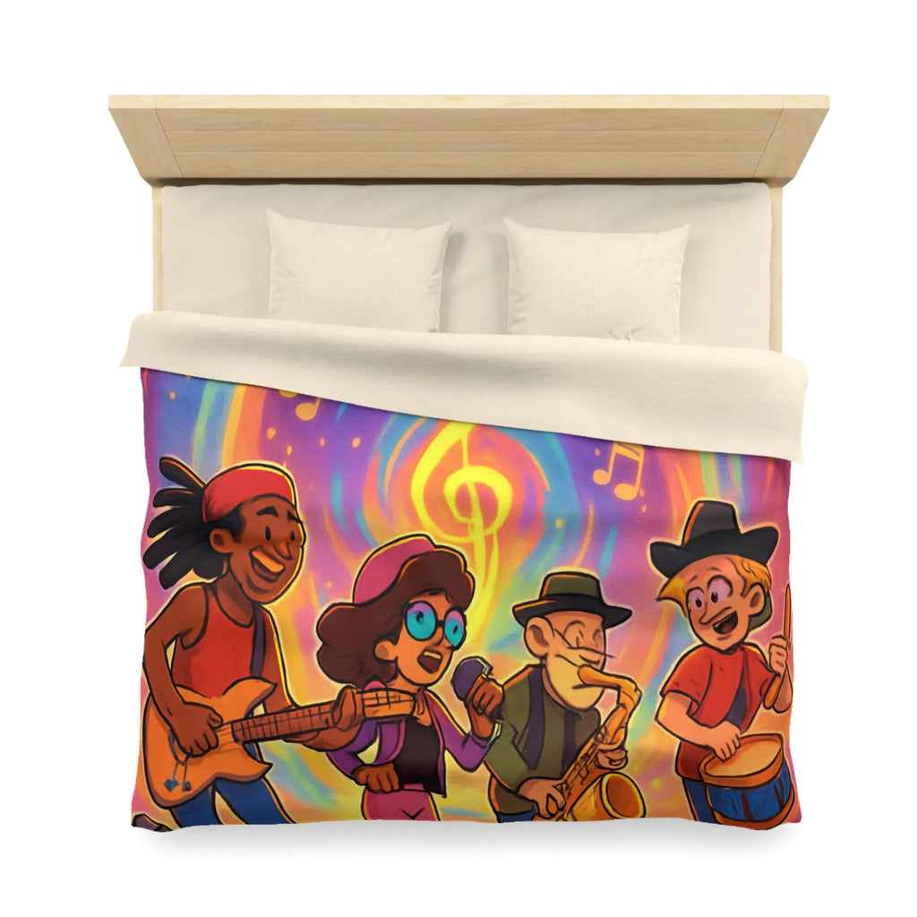 Housse de couette animée avec quatre musiciens et notes colorées en spirale lumineuse