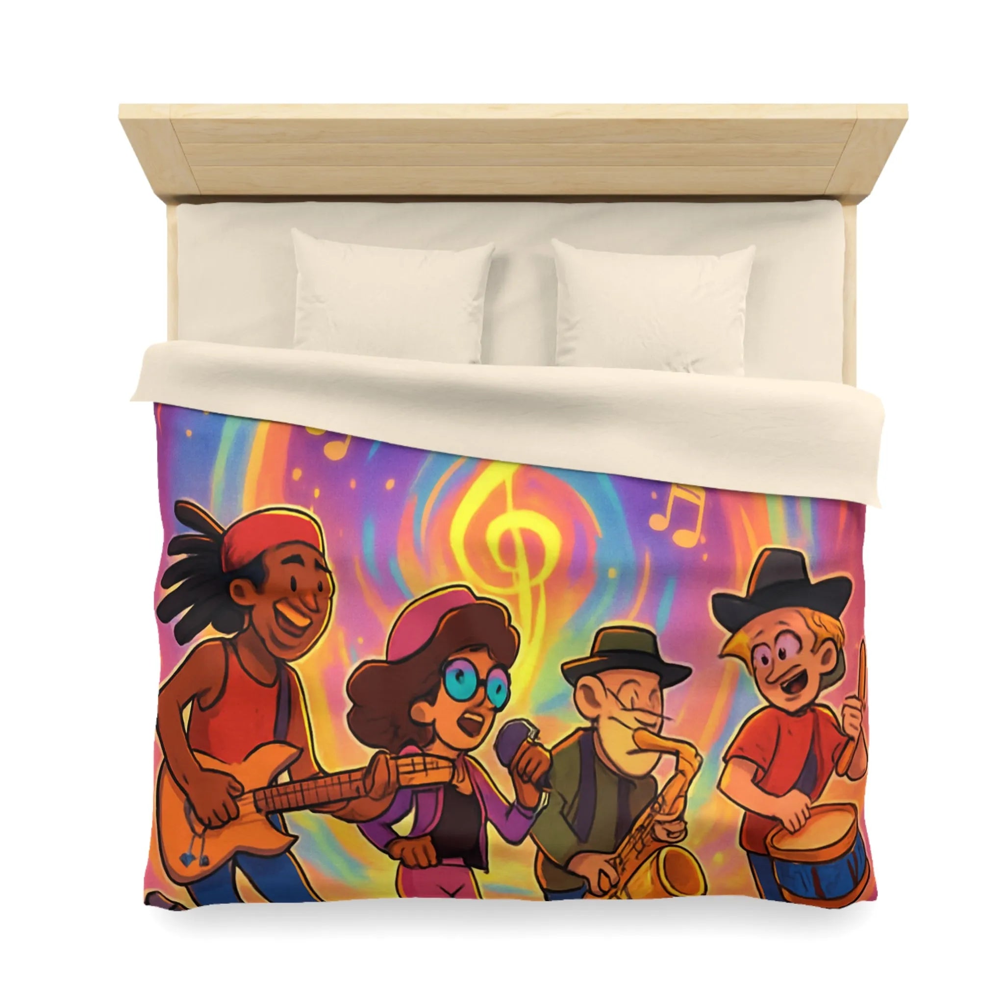 Housse de couette animée avec quatre musiciens et notes colorées en spirale lumineuse