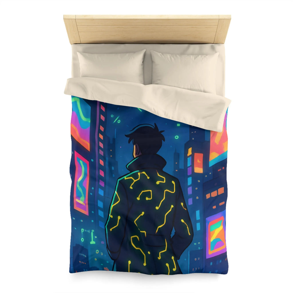 Housse de couette futuriste avec affichage numérique néon dans une ville cyberpunk