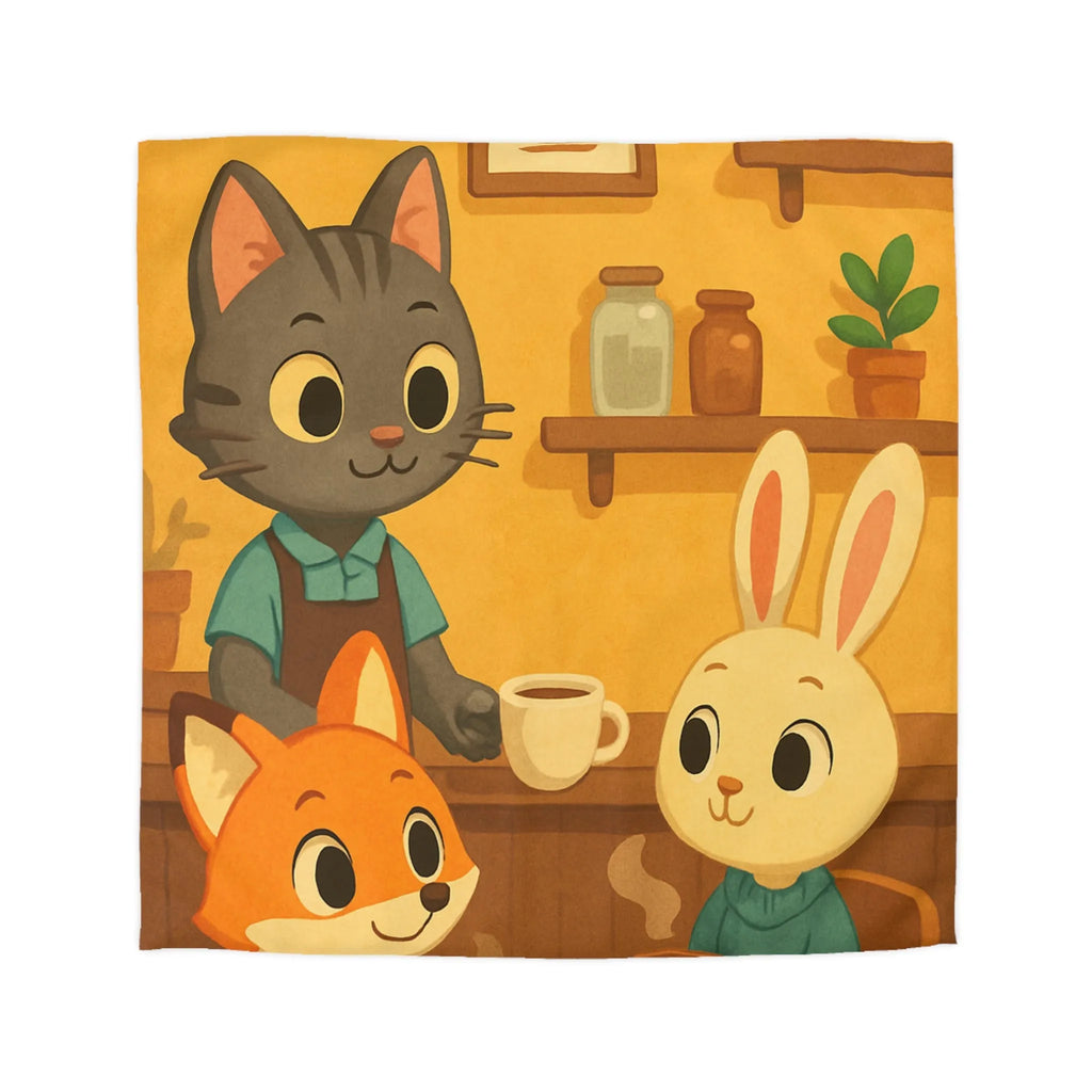 Housse de couette douce avec animaux stylisés profitant d'un café dans un café.