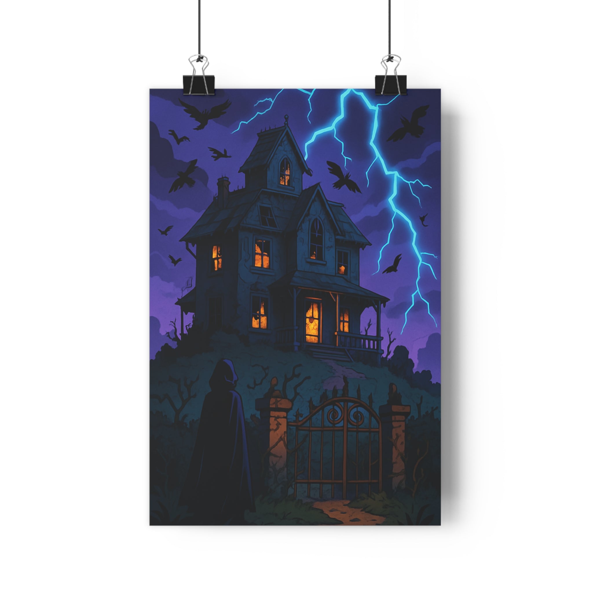 Poster décoratif manoir sinistre violet noir éclairé silhouette cartoon mystérieux horreur chambre 30x46 cm