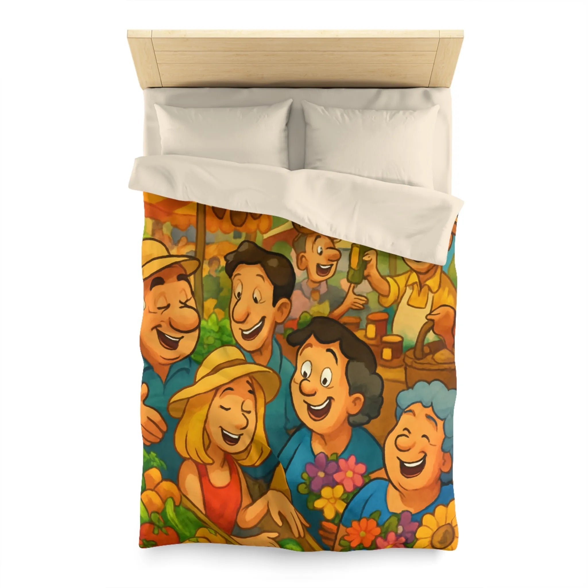 Housse de couette avec illustration joyeuse d'un marché animé et coloré