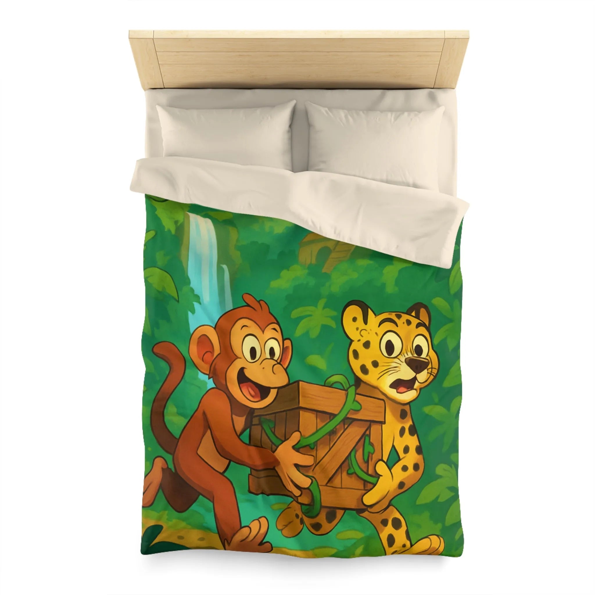 Housse de Couette Jungle Aventure: Singe et Léopard En Explorateurs Cachés dans La Forêt