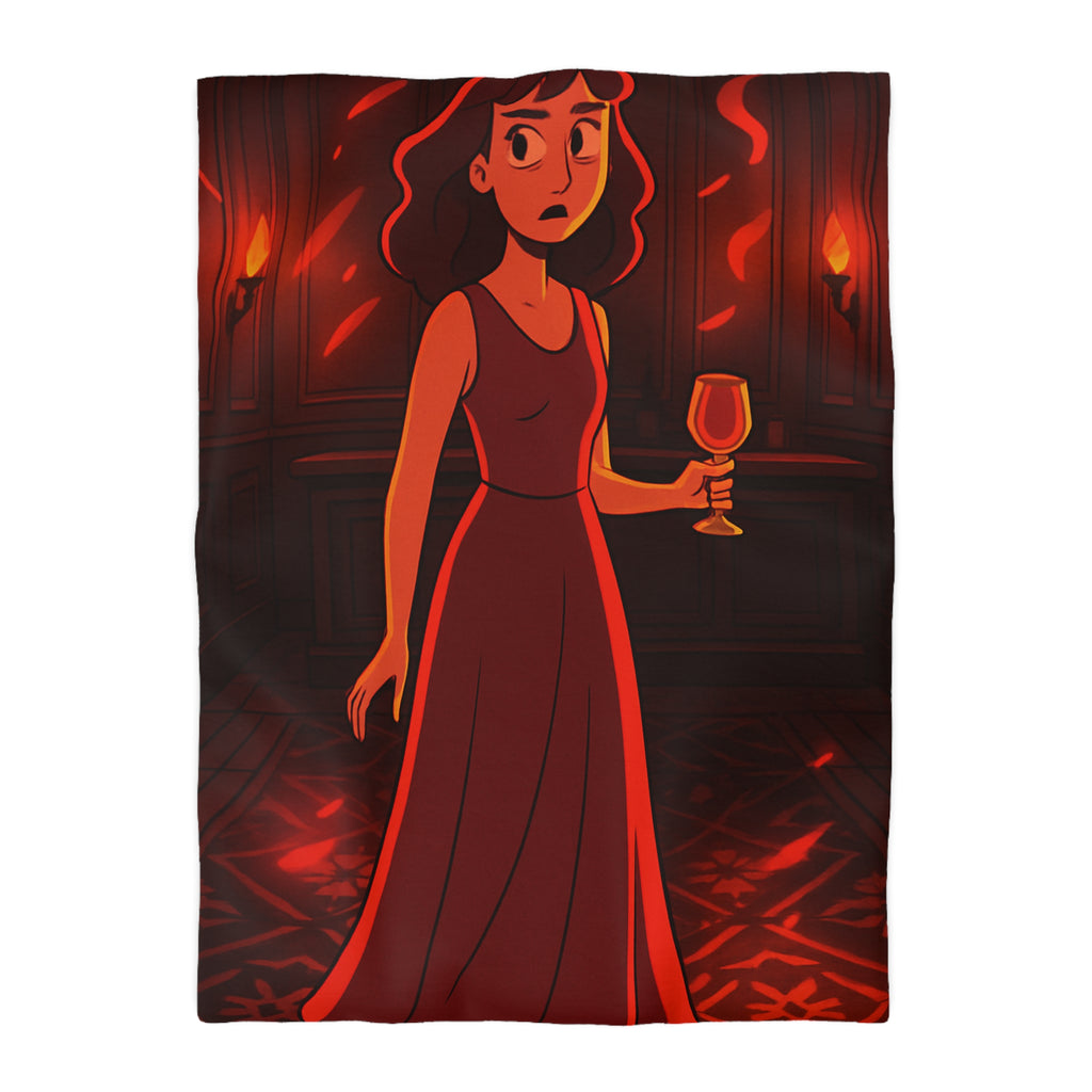 Housse de couette rouge élégante avec motif femme et reflets lumineux mystérieux