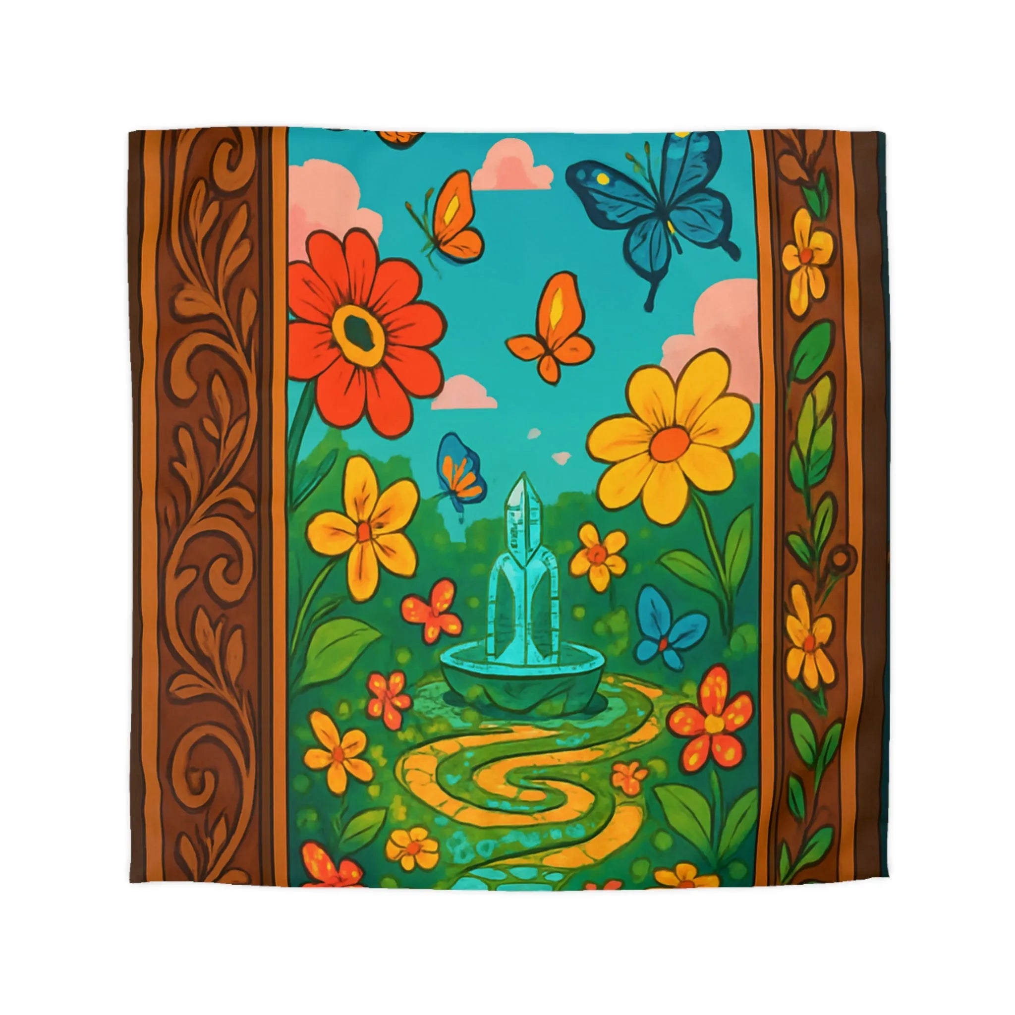 Housse de couette colorée avec papillons et fleurs dans un jardin enchanté vibrant