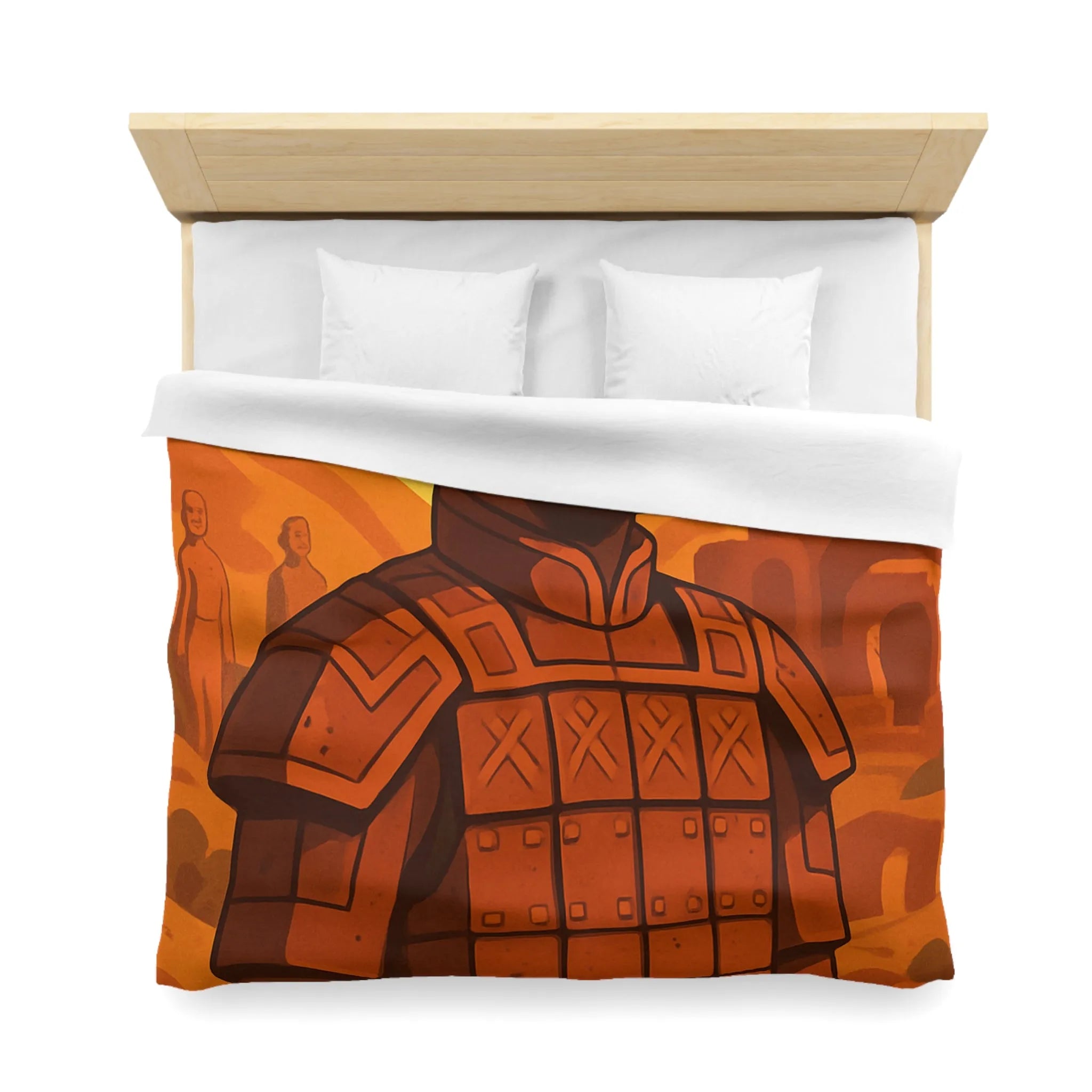 Housse de couette inspirée des guerriers antiques dans un style artistique épuré et vibrant