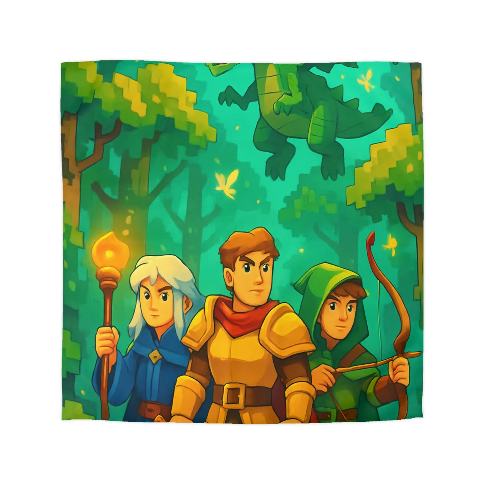 Housse de couette aventure forêt enchantée avec dragon, chevalier, mage et archer