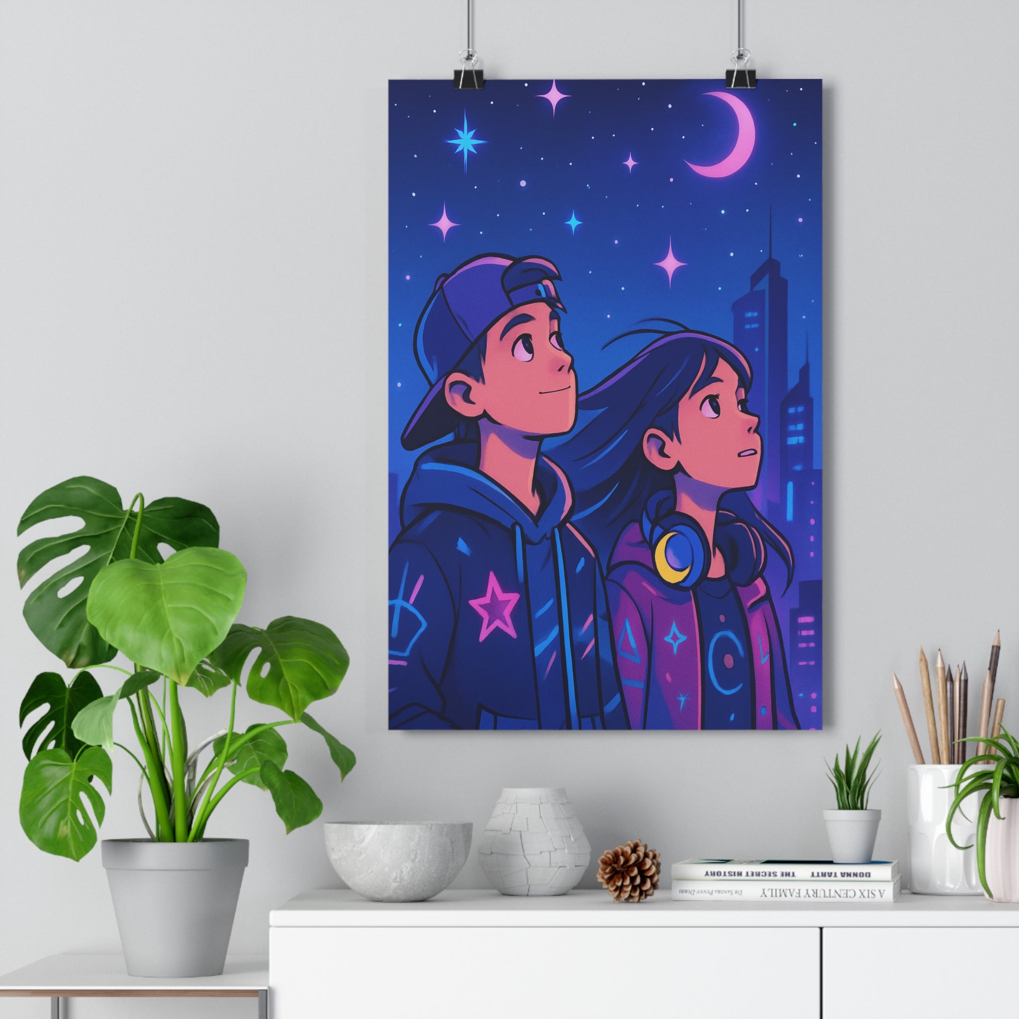 Poster décoratif moderne bleu violet rêveur urbain futuriste chambre bureau cartoon unique 30x46 ambiance