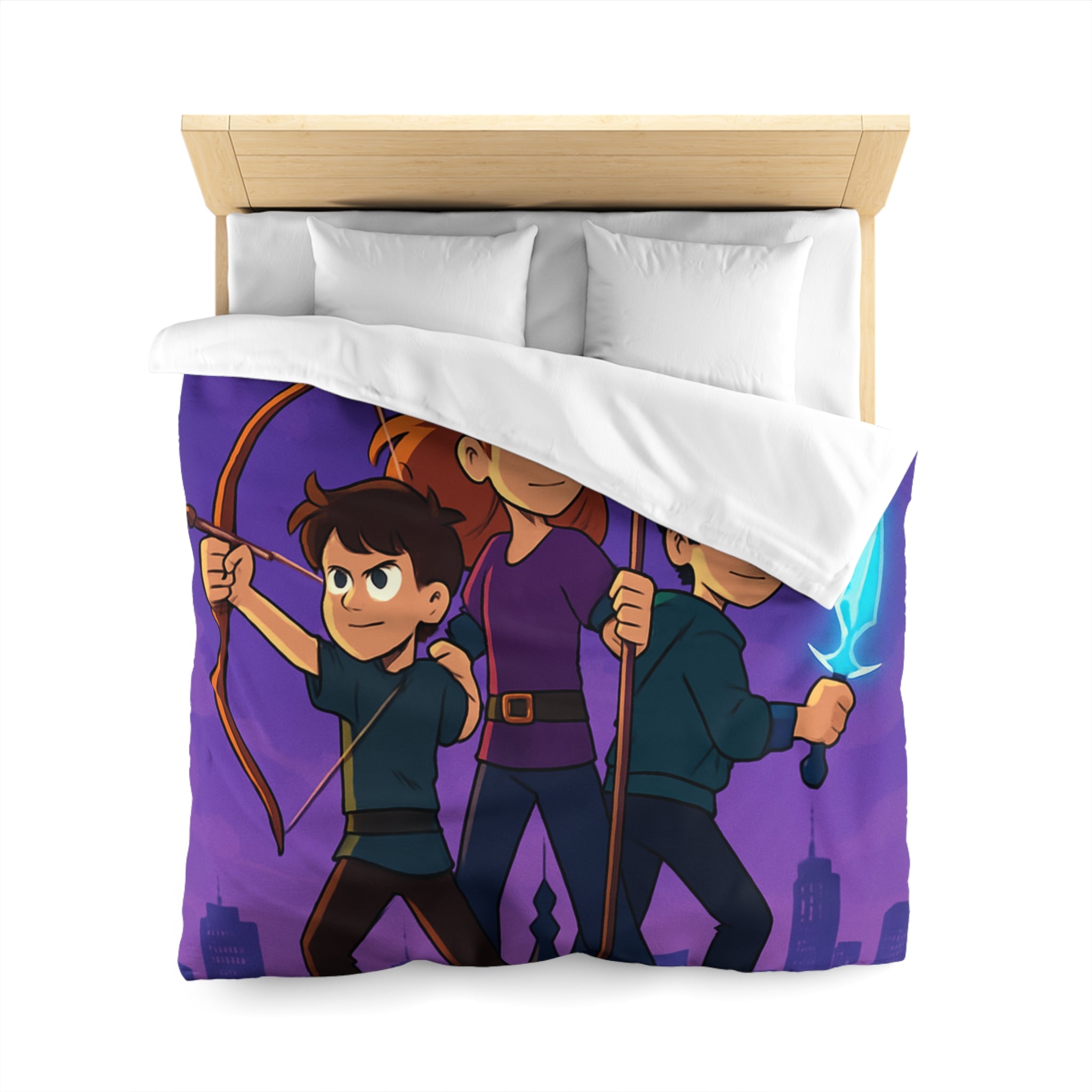 Housse de couette urbaine illustrée, ambiance aventure mystique avec enfants et armes