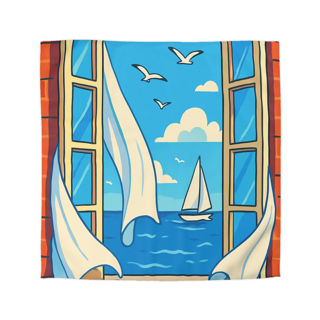 Housse de couette paysage marin fenêtre ouverte, voilier et ciel bleu serein