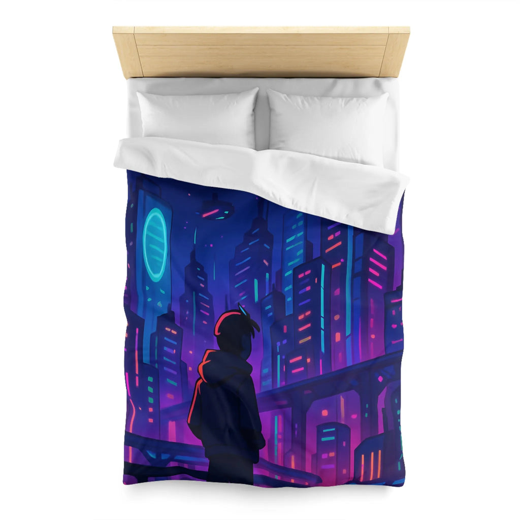 Housse de couette futuriste avec skyline néon vibrant et silhouette étoilée