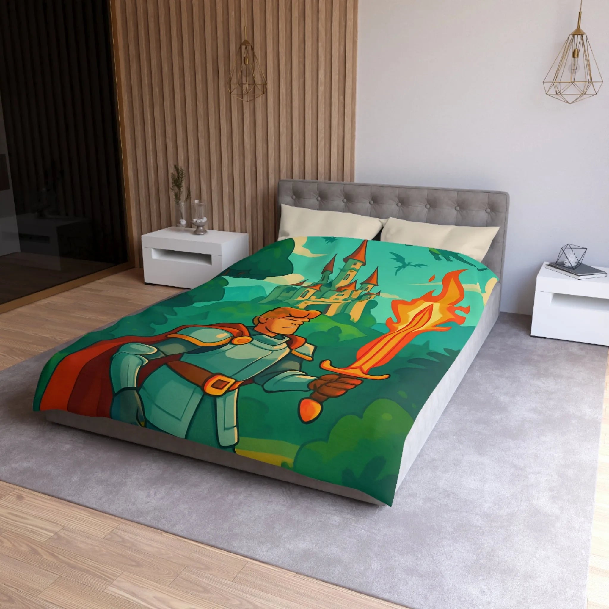 Housse de couette chevalier et dragon, ambiance médiévale fantastique aux couleurs vibrantes