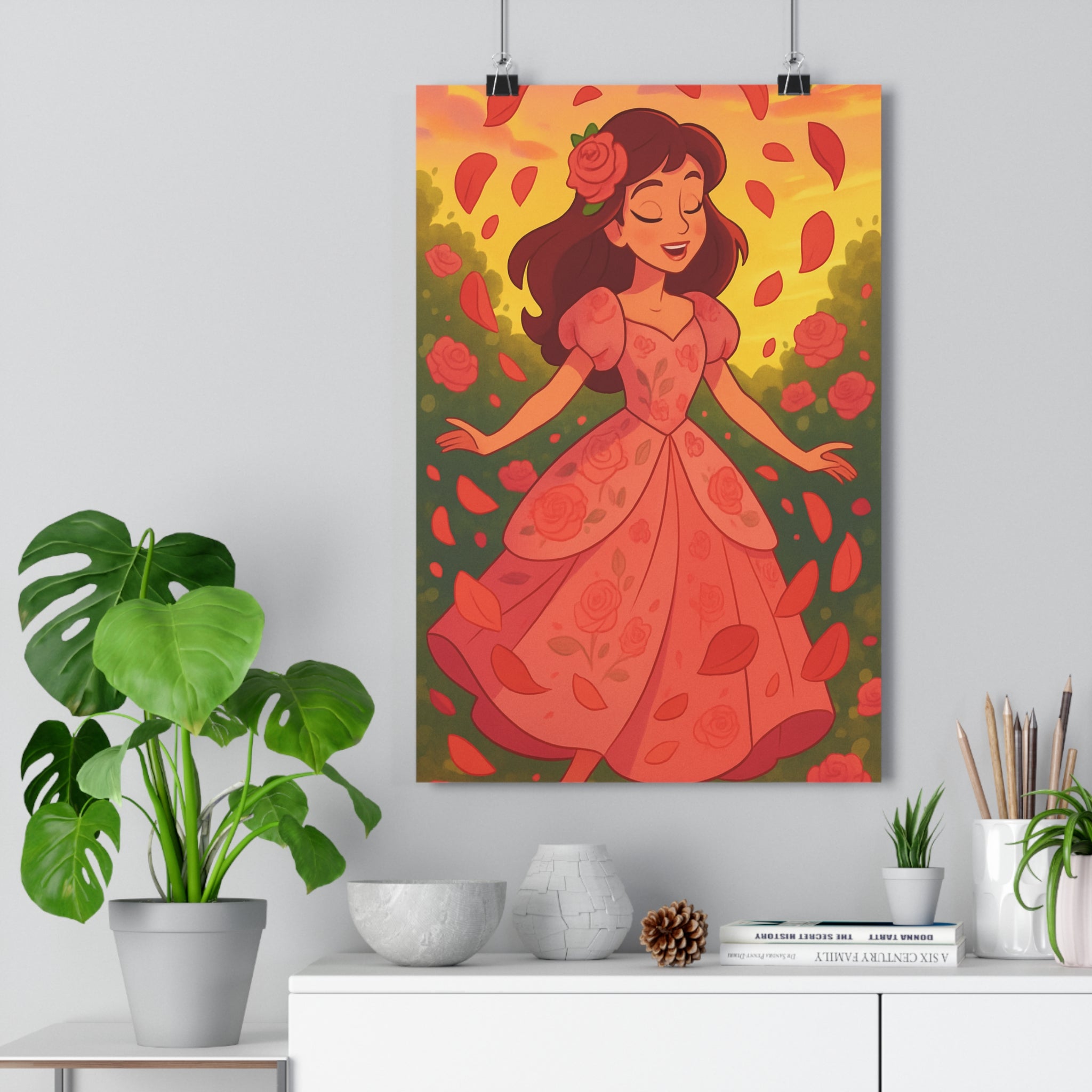 Poster décoratif romantique rose orange fantaisiste anime chambre salon femme élégante rêveuse artistique moderne