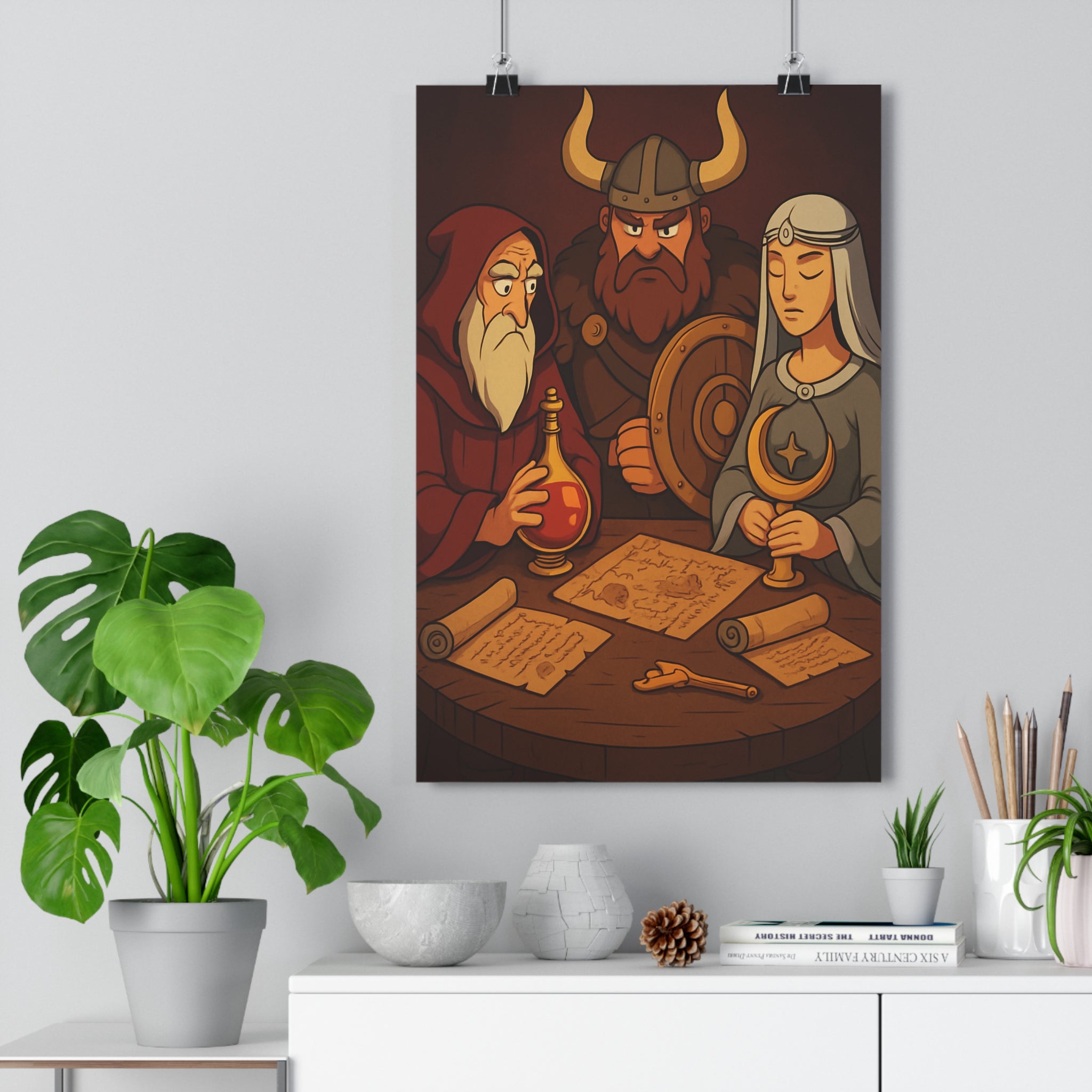 Poster décoratif mystique cartoon rouge gris salon chambre art détaillé symbolique élégant sophistiqué unique